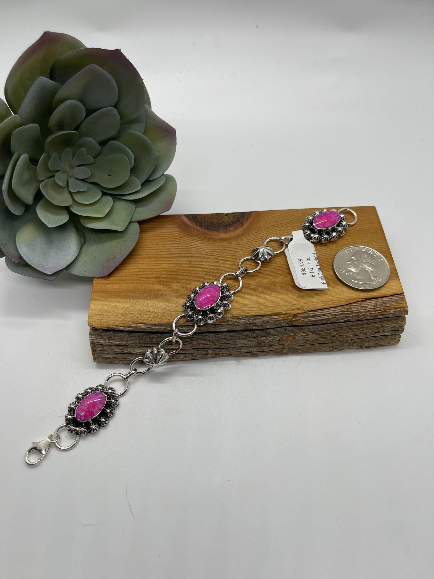 6 1/2" Hot Pink Opal Linked Bracelet by Arlene Lewis, Navajo