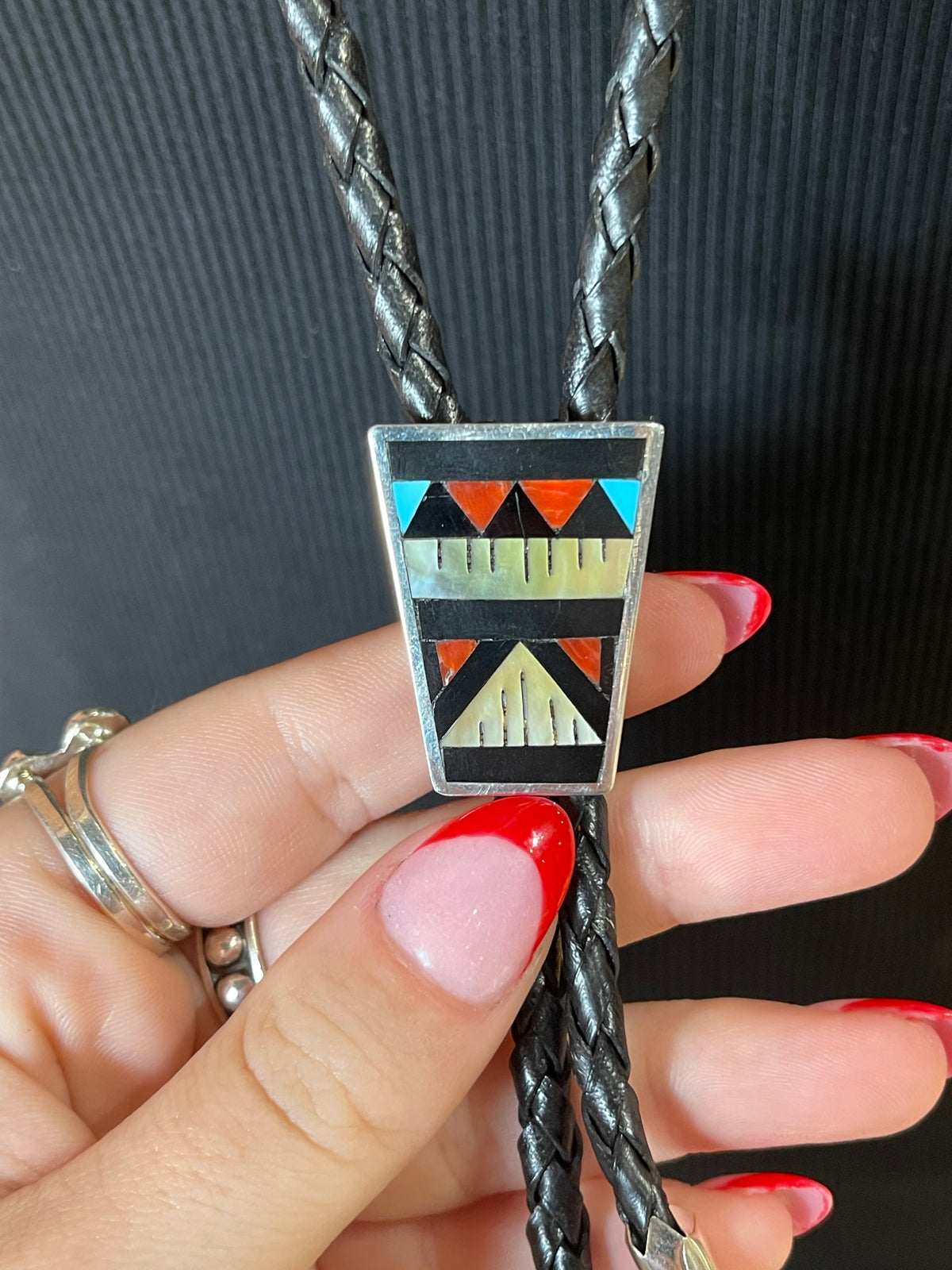 Mop, Coral, Turquoise and Onyx Bolo Tie