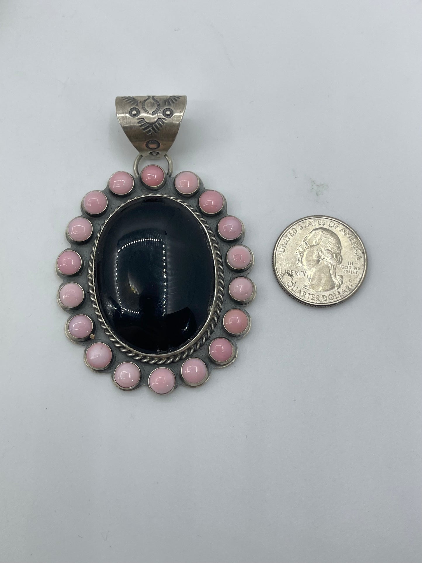 Black Onyx and Pink Conch Shell Cluster Pendant By Calvin Delgarito, Navajo