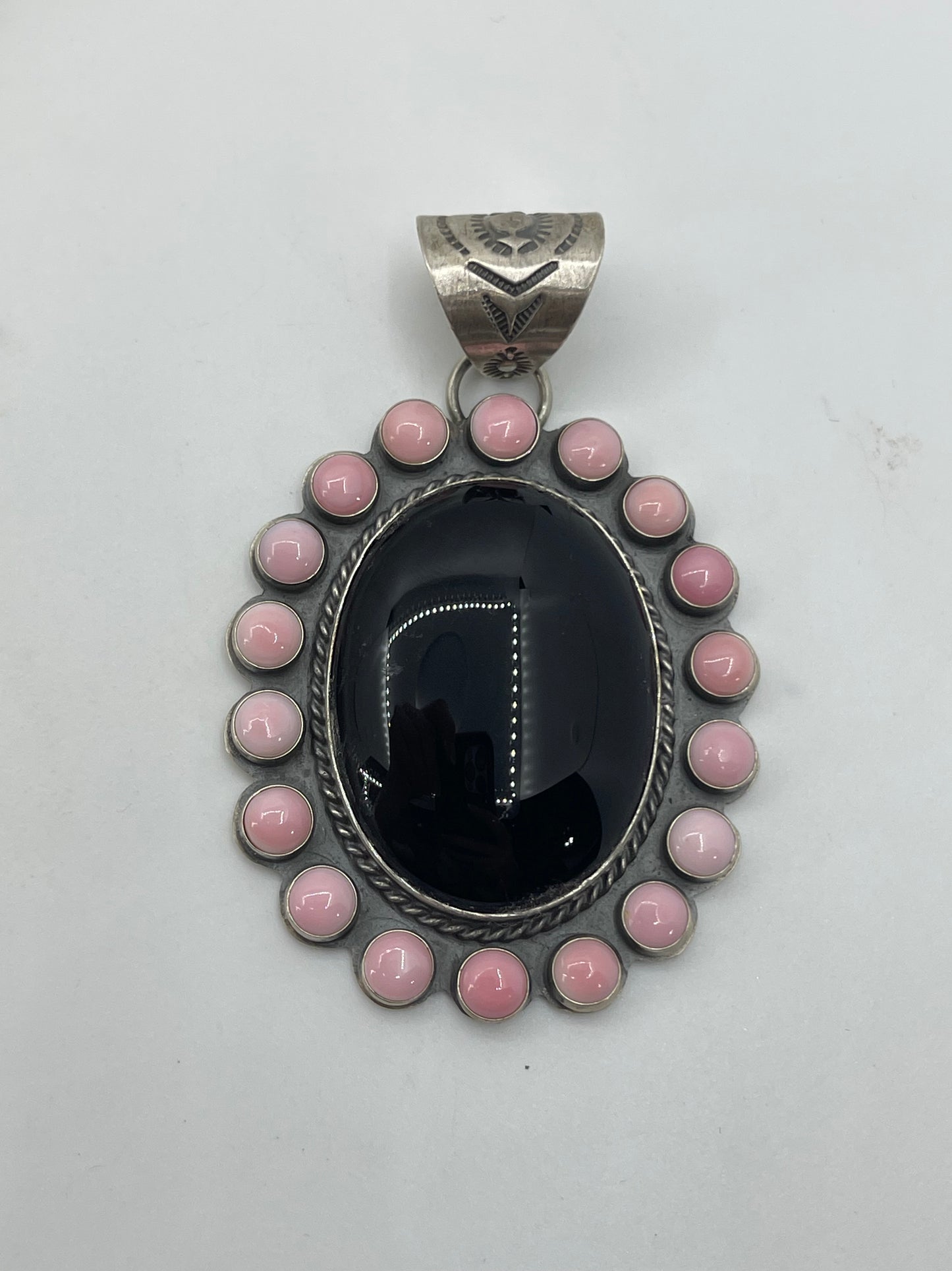Black Onyx & Pink Conch Shell Cluster Pendant by Calvin Delgarito, Navajo