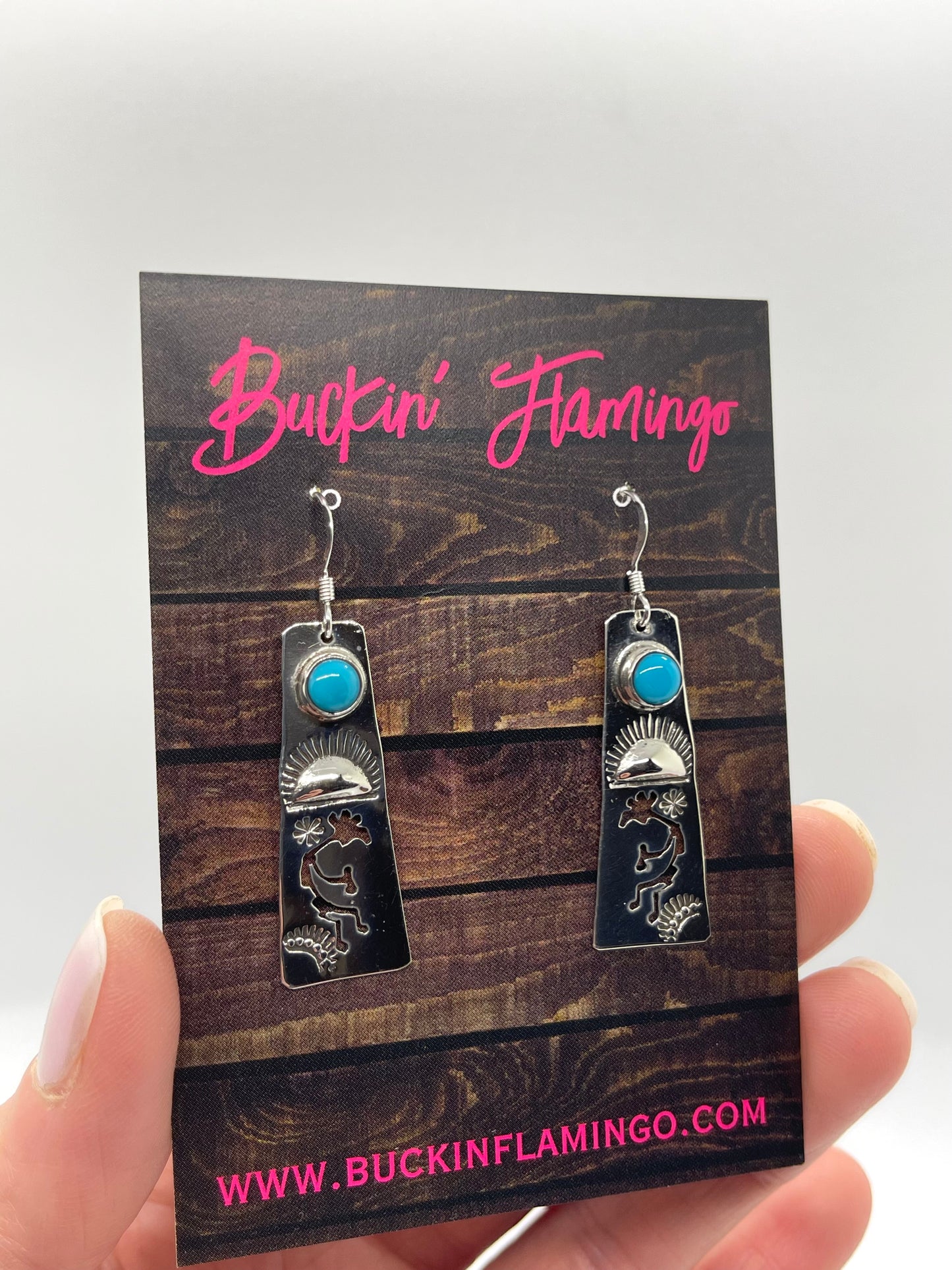 Silver Kokopelli Earrings with Turquoise by Jeff James Jr., Navajo