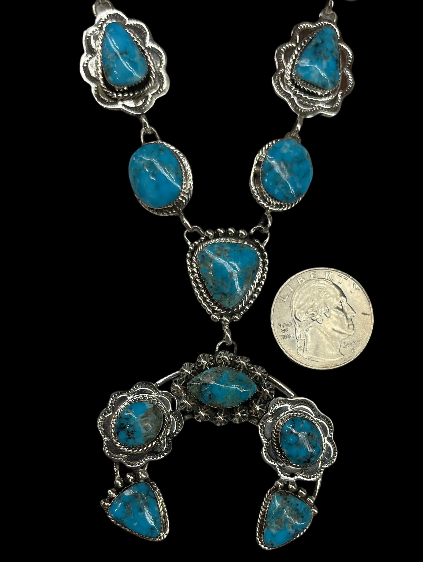 Turquoise Squash Lariat by Running Bear, Navajo