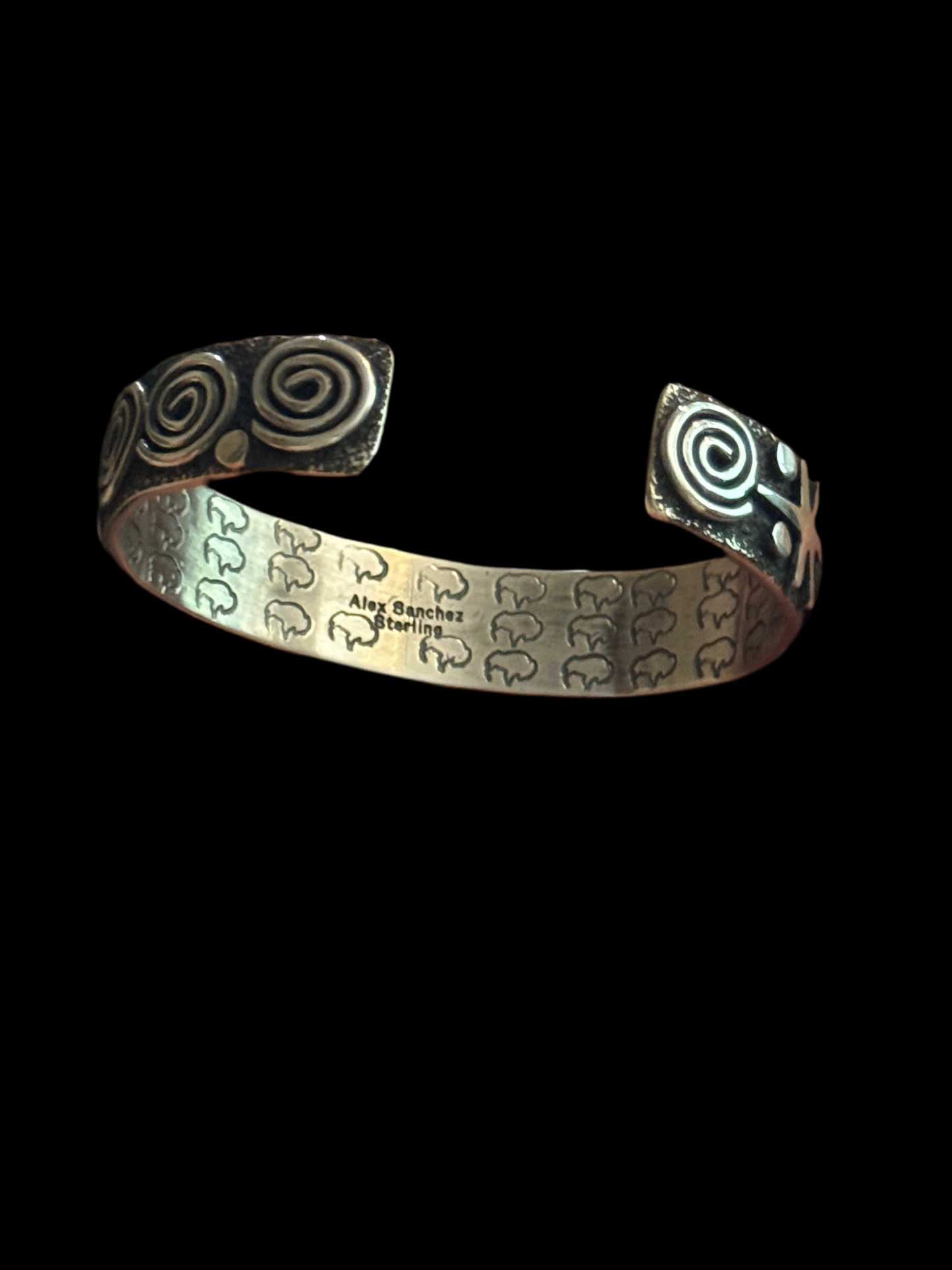 Petroglyph Cuff with Sonoran Gold Turquoise by Alex Sanchez, Navajo (narrow)