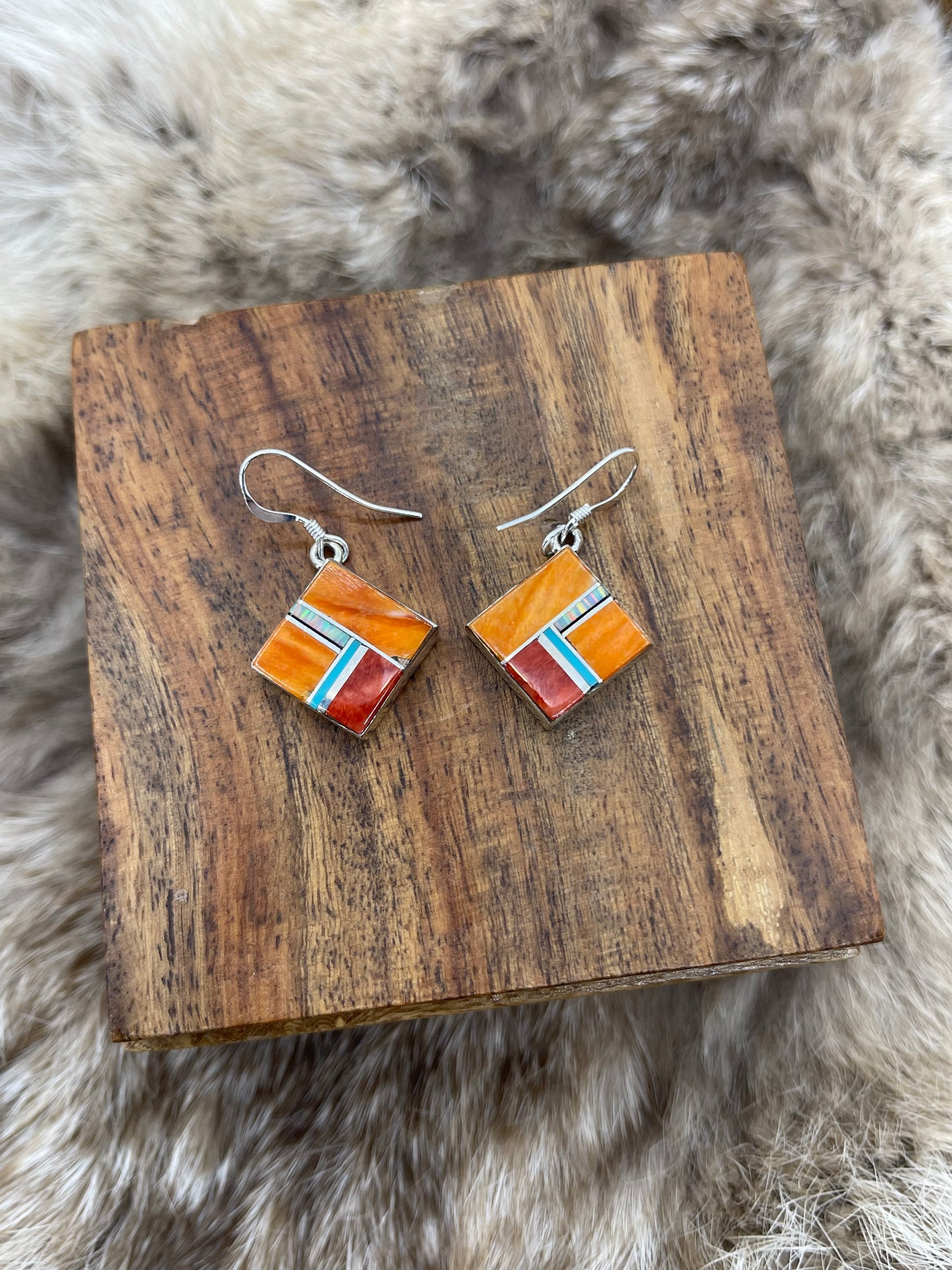Opal, Spiny & Turquoise Earrings by James Manygoats, Navajo