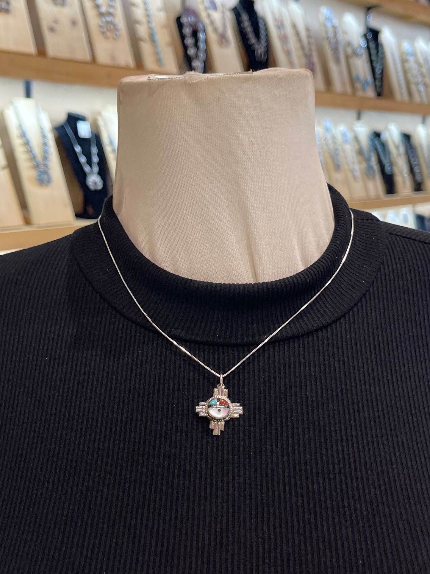 18” Chain and Zia Symbol with Zuni Sunday Pendant by Clifford Cheama, Zuni
