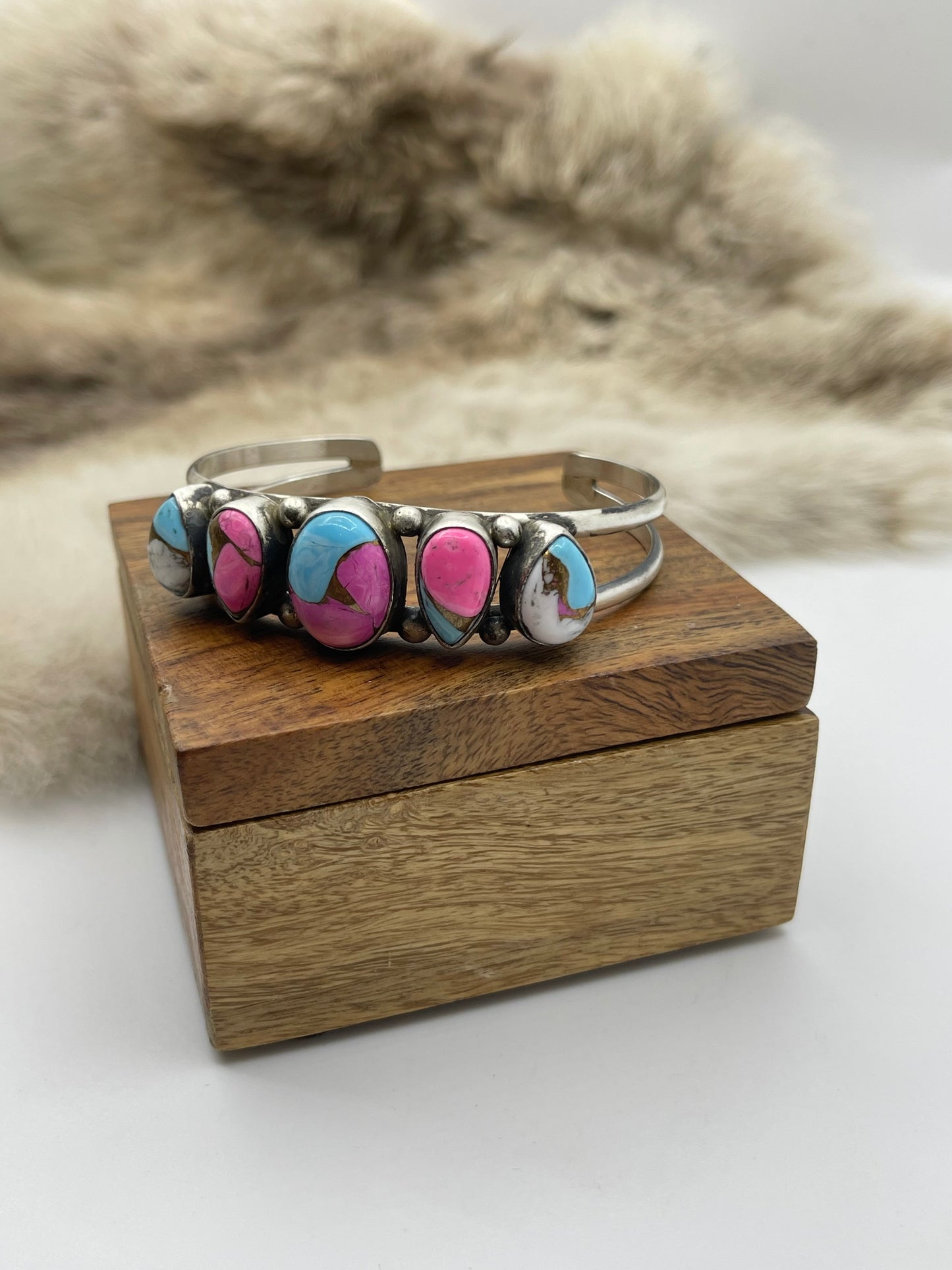 5.5”-7” 5 Stone Cotton Candy Cuff by Augustine Largo, Navajo