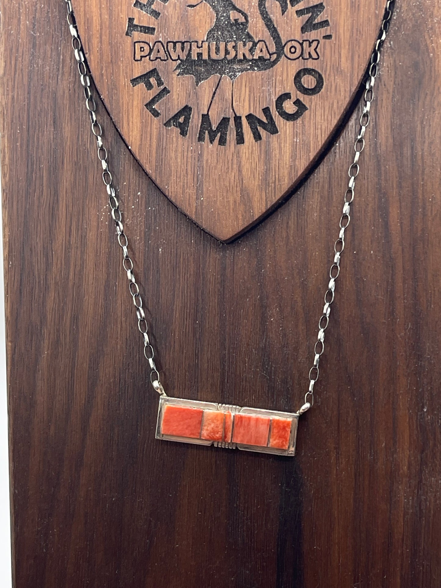 18" Red Spiny Oyster Shell Inlay Bar Necklace by Steve Francisco, Navajo