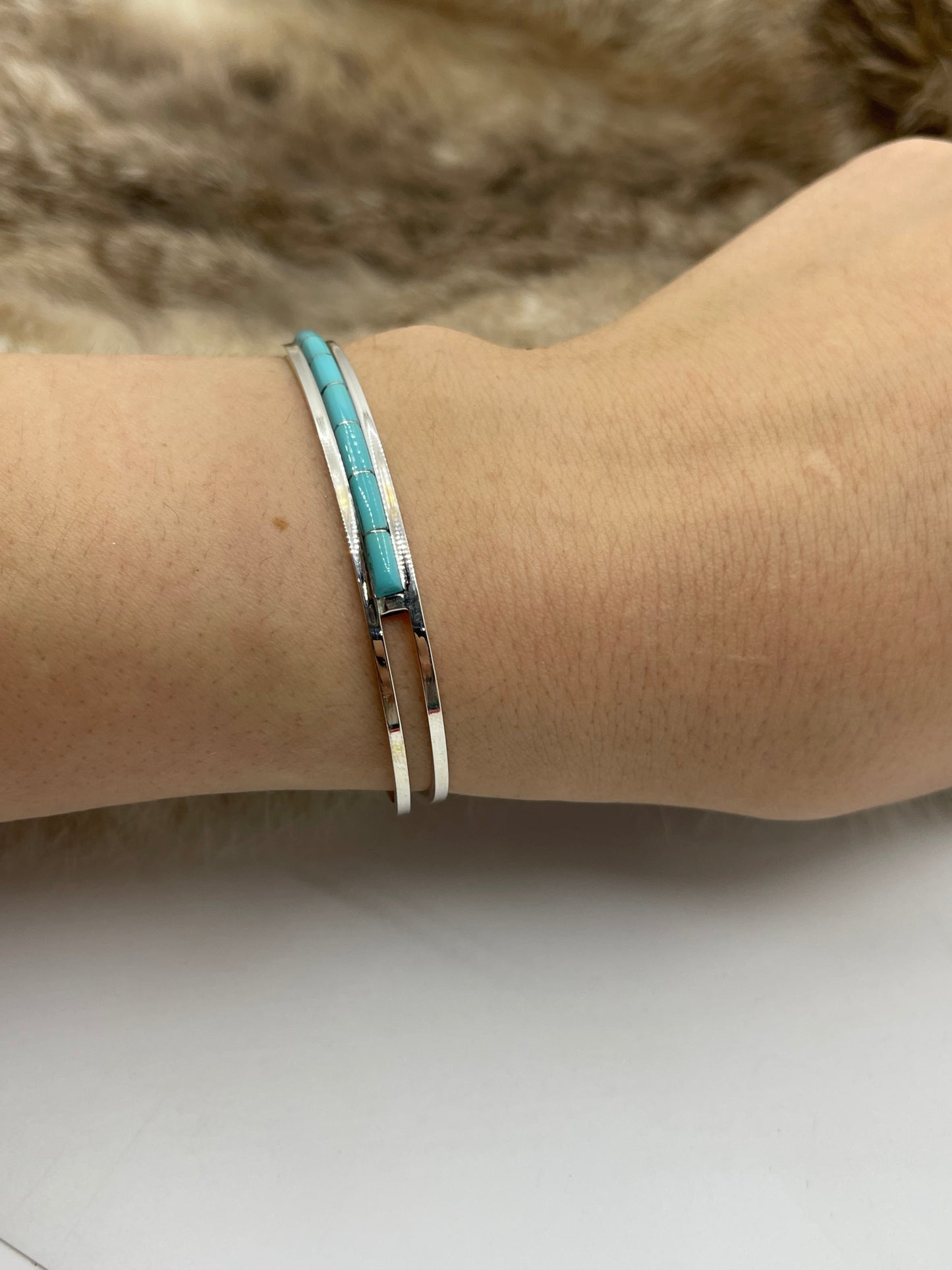6"-6.5" Turquoise Inlay Thin Stacker Cuff by Anson Wallace, Zuni