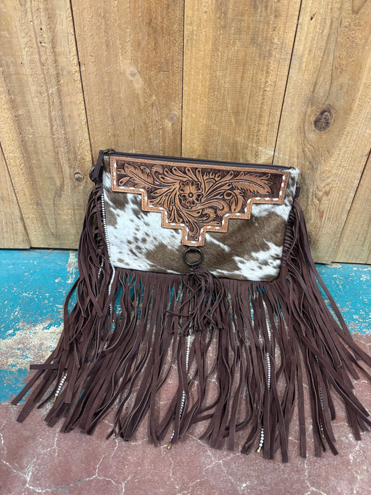 White And Brown Cowhide Tooled Beaded Fringed Leather Purse