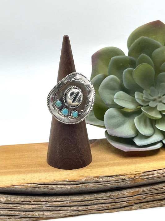 9.0 Sterling Cowboy Hat Ring with 3 Turquoise Stones by Bobby Platero, Navajo