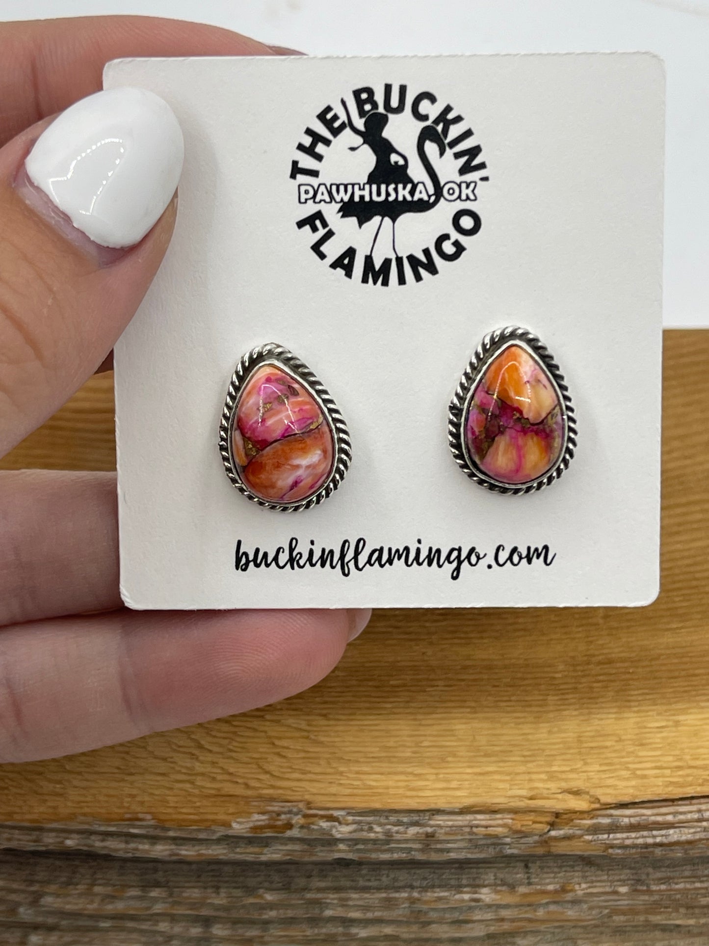 Orange Dahlia Teardrop Post Earrings by Trish Largo, Navajo
