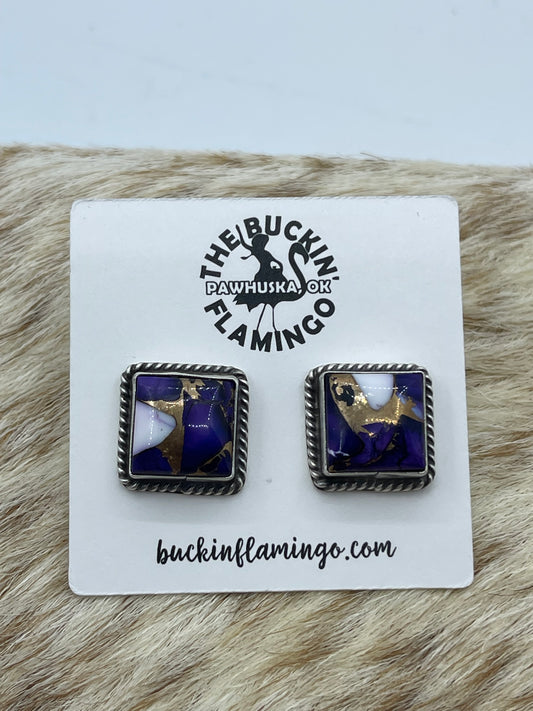 Lavender Dahlia Square Post Earrings by Judith Dixon, Navajo