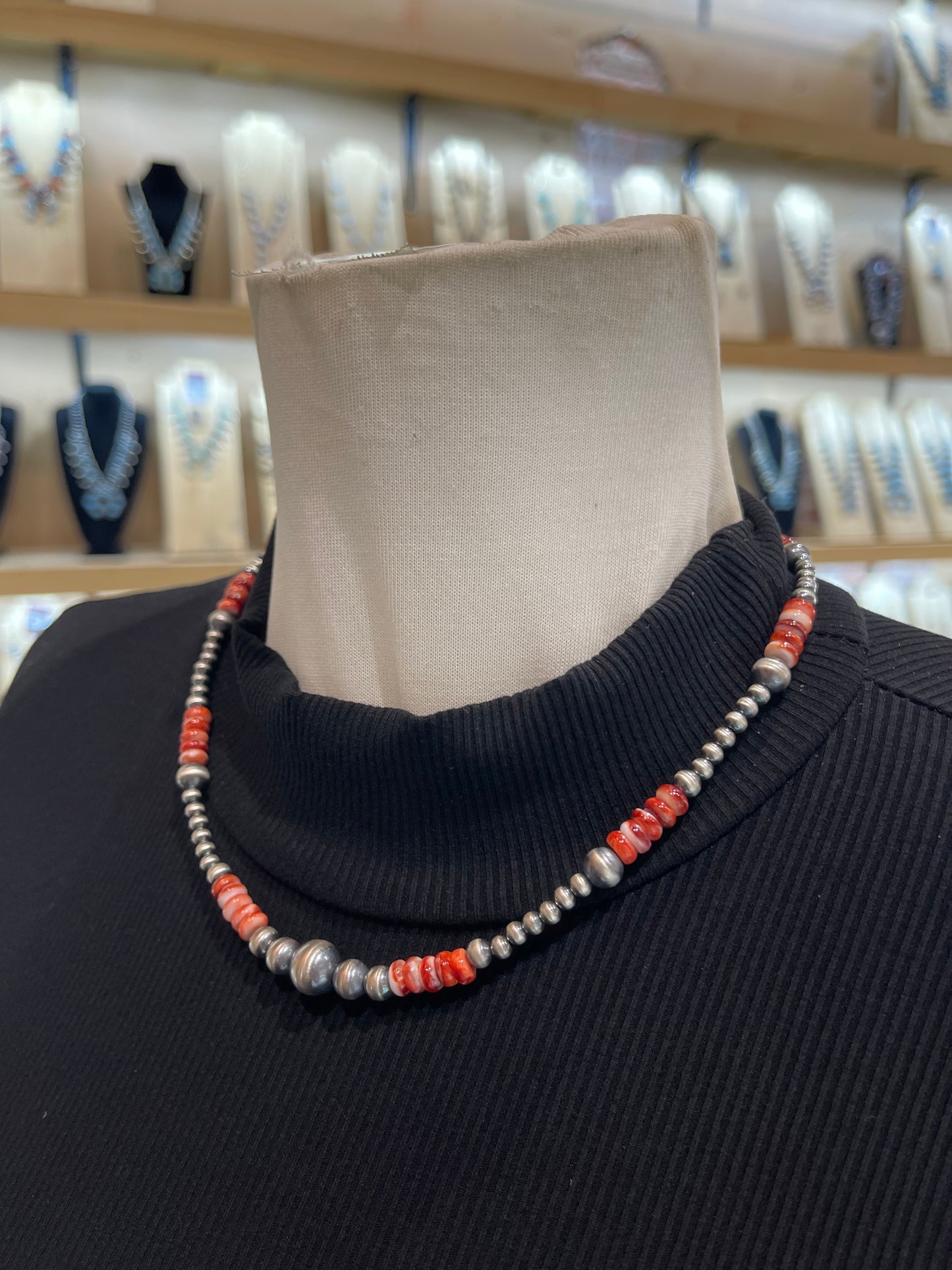 18"+2" Extender Varied 10mm Red Spiny Oyster & Navajo Style Pearls