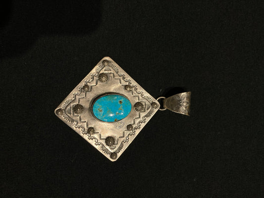 Diamond Shape Sterling Silver Pendant and Turquoise Stone with a 13mm Bale by Harold Joe, Navajo