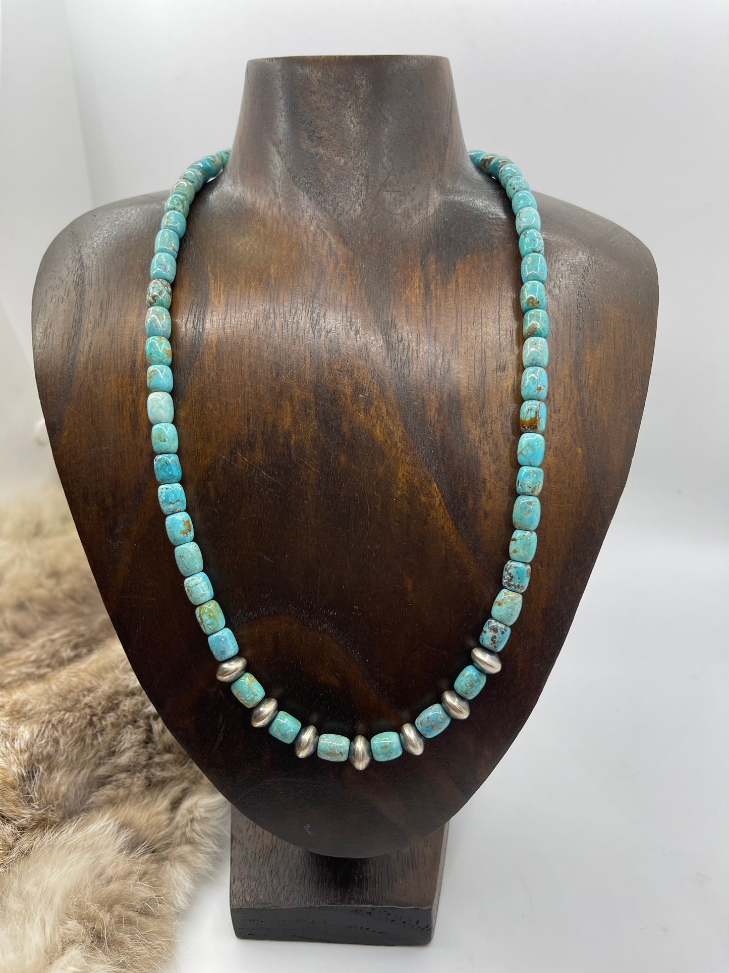 20” Turquoise Cylinder Beads & Handmade Navajo Pearls by Tammy Nolcotte, Navajo