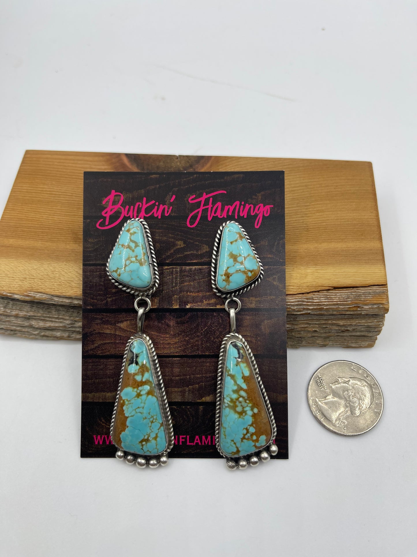#8 Turquoise 2 Stone Post Dangle Earrings by Judith Dixon, Navajo