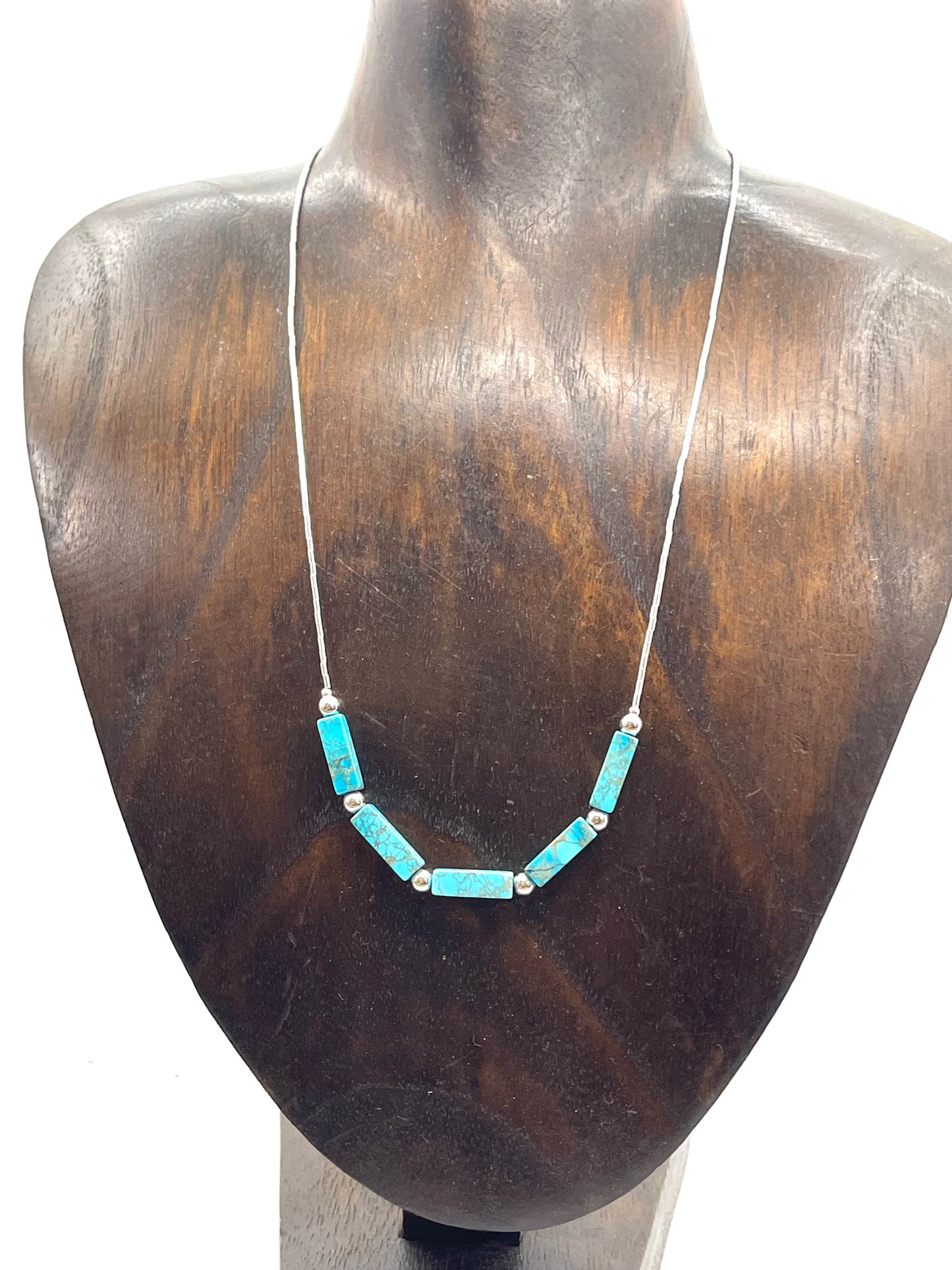 18 Inch Square Turquoise Beads on Liquid Silver Necklace