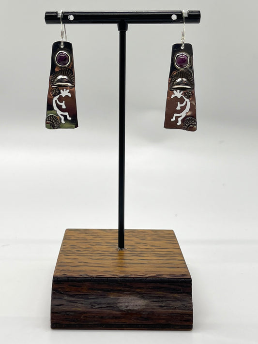 Silver Kokopelli Earrings with Spiny Oyster Coral by Jeff James Jr., Navajo