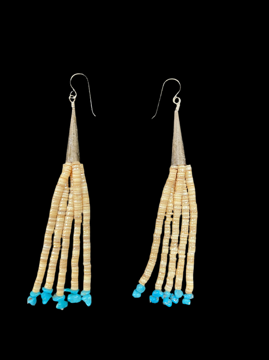 Melon Shell and Turquoise Bead Tassel Earrings