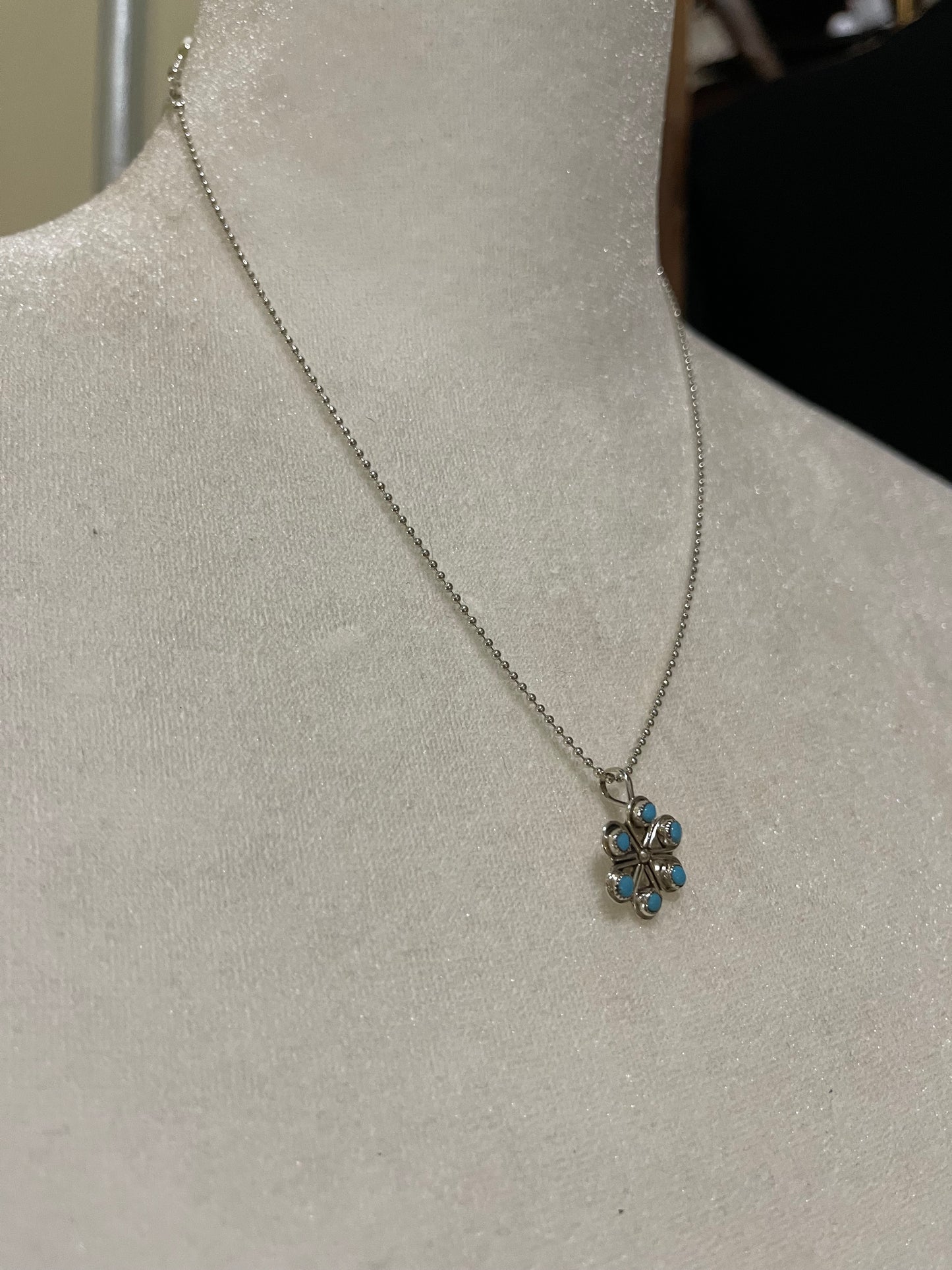 18" Turquoise Flower Pendant Necklace by Herbert Lastiyano, Zuni