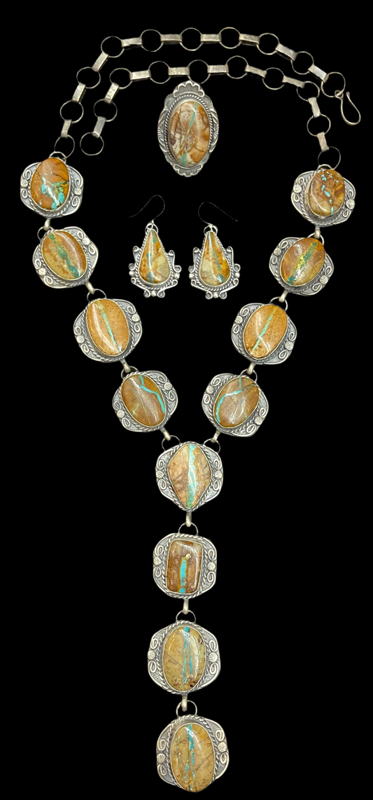 3 Piece Ribbon Turquoise 26" Lariat, 7.5 Ring, and Earring Set by Gilbert Nez, Navajo