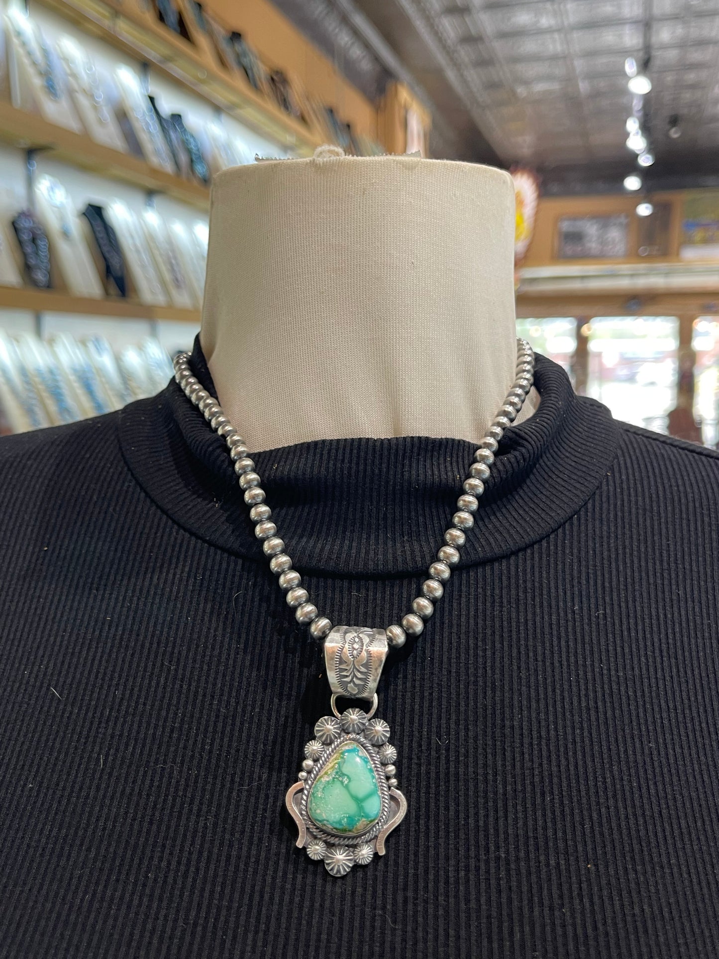 Sonoran Gold Turquoise Pendant with 18" 6mm Navajo Style Pearls by Tom Lewis, Navajo
