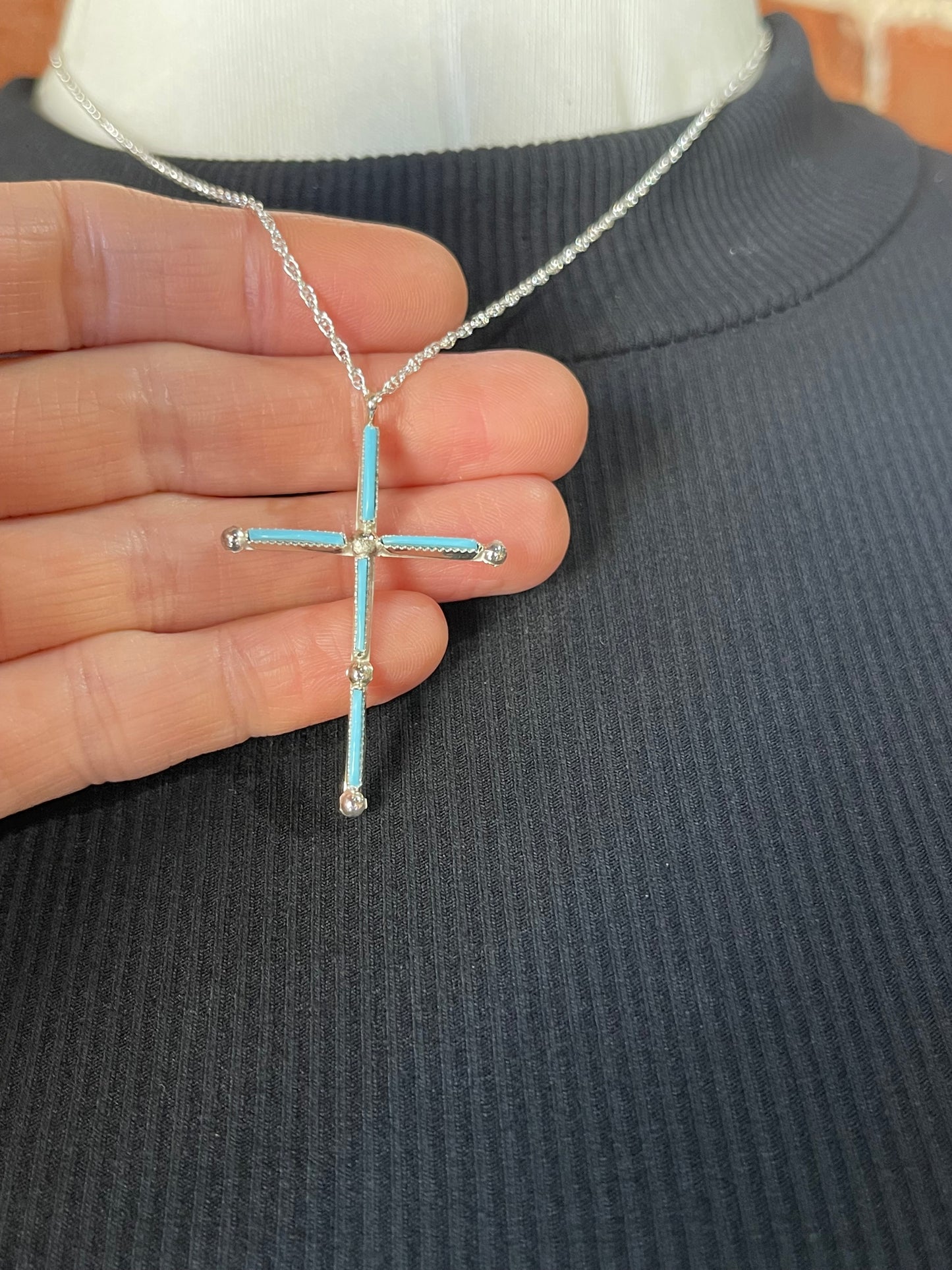18" Zuni Needlepoint Turquoise Cross Necklace by Ashley Laate, Zuni