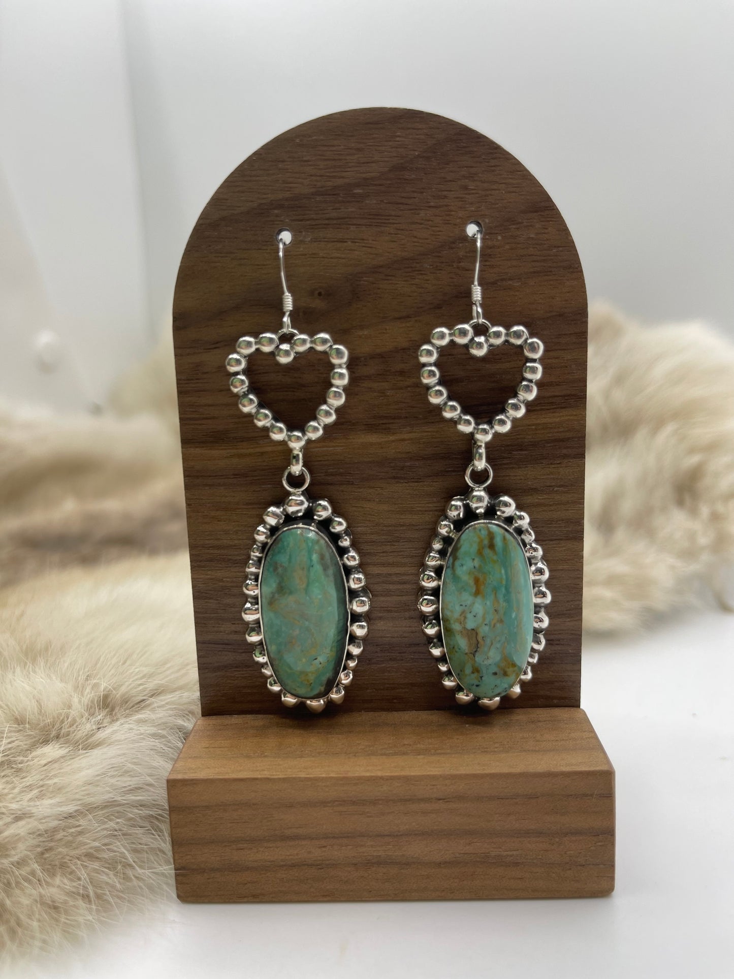 Silver Heart with Green Kingman Turquoise Dangle Earrings