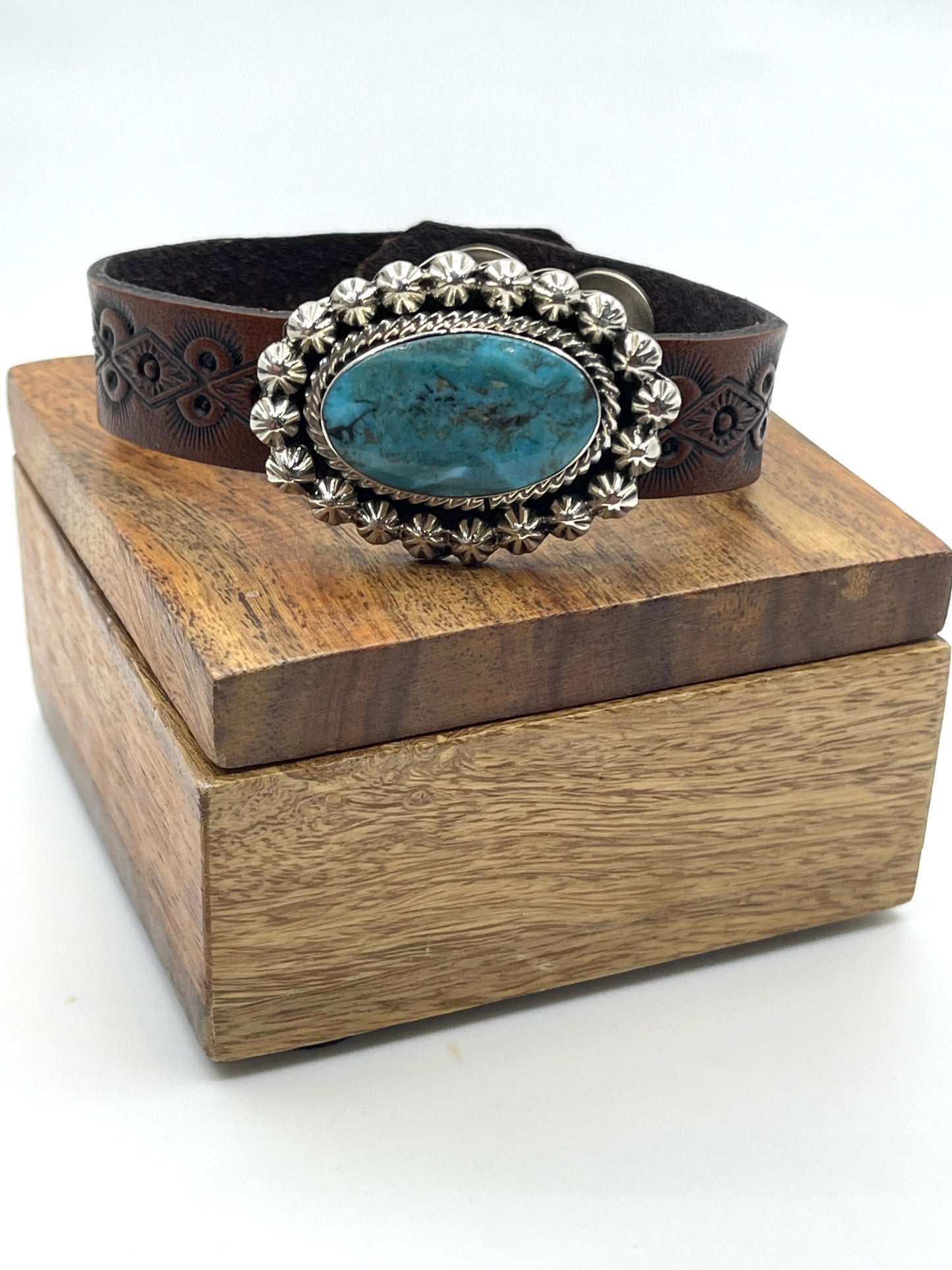 Kingman Turquoise On Stamped Leather by Suzanna Johnson, Navajo