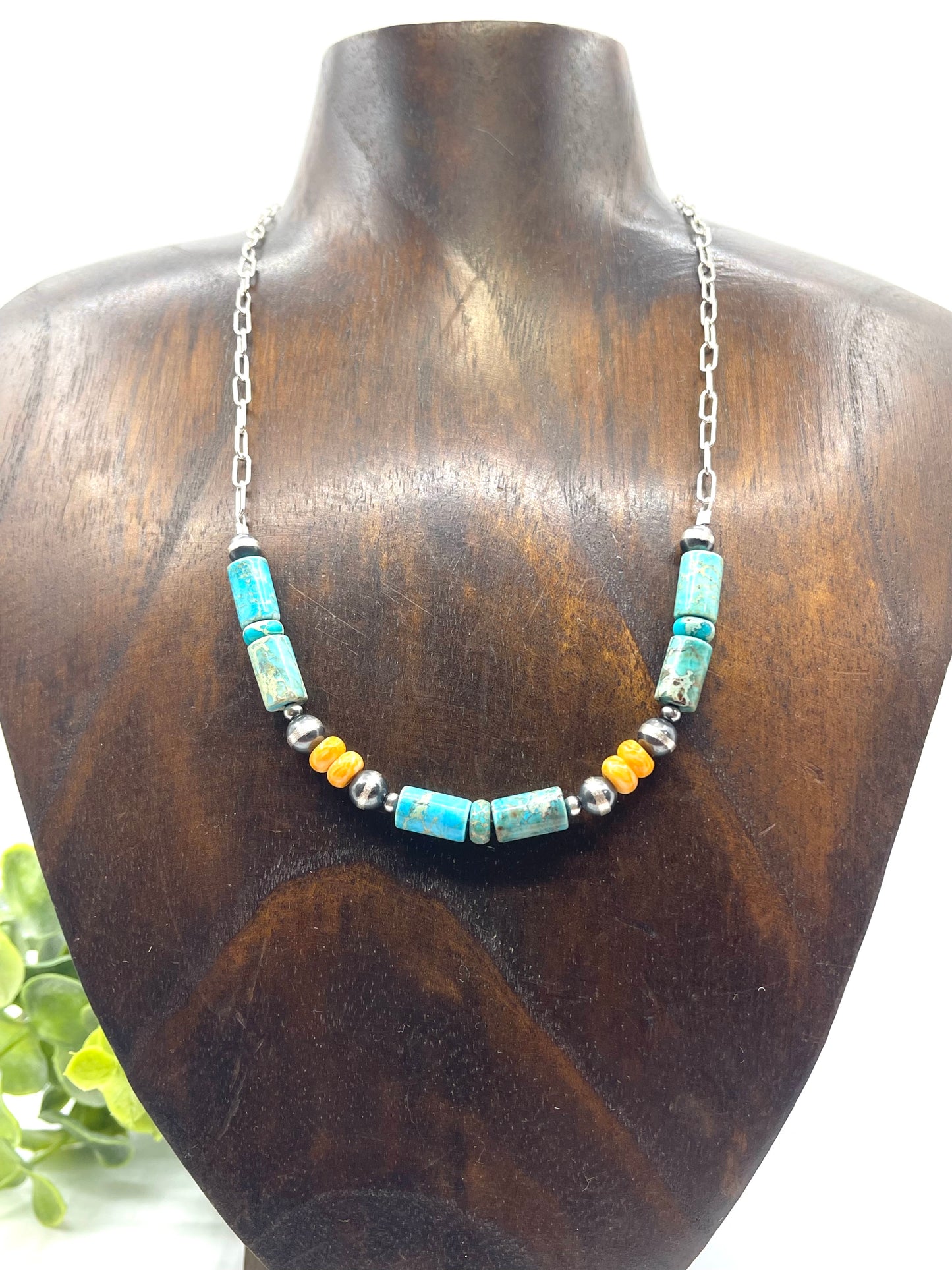 17" Magnesite & Orange Spiny Oyster With Navajo Style Pearls