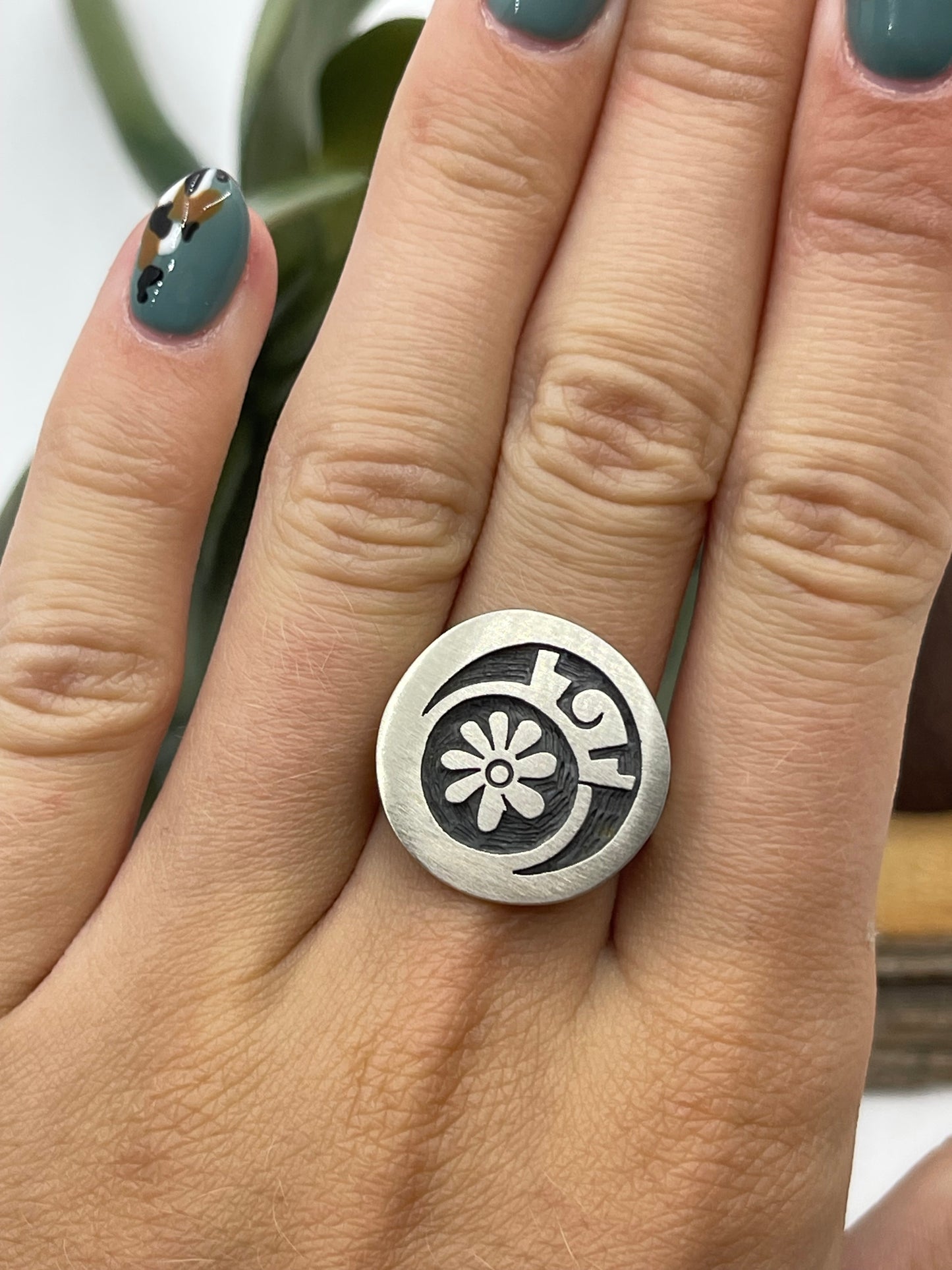 9.0 Silver Flower Ring by Trinidad Lucas, Hopi