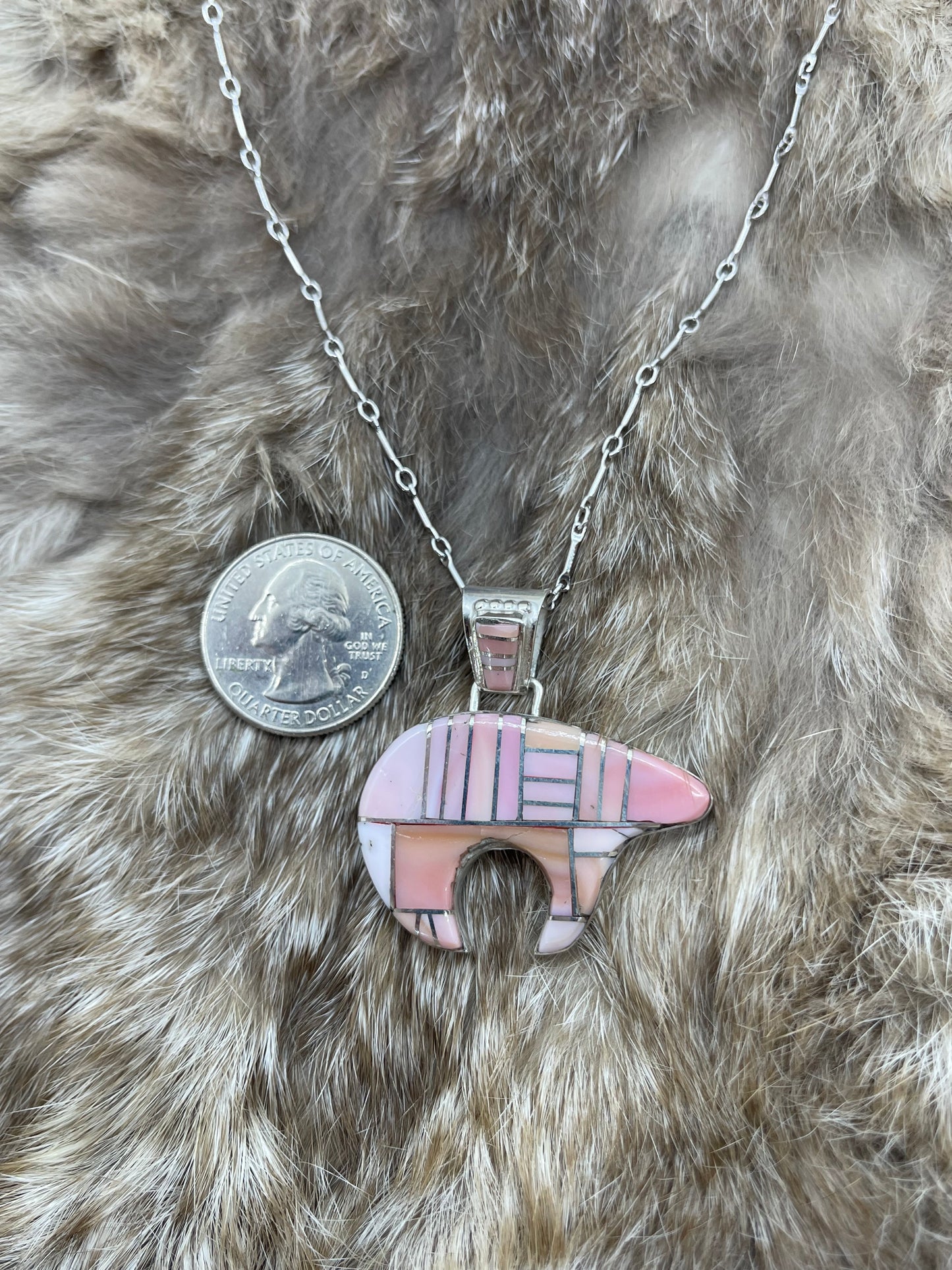 20" Pink Conch Shell Inlay Bear Necklace by Carl Adaakie, Zuni