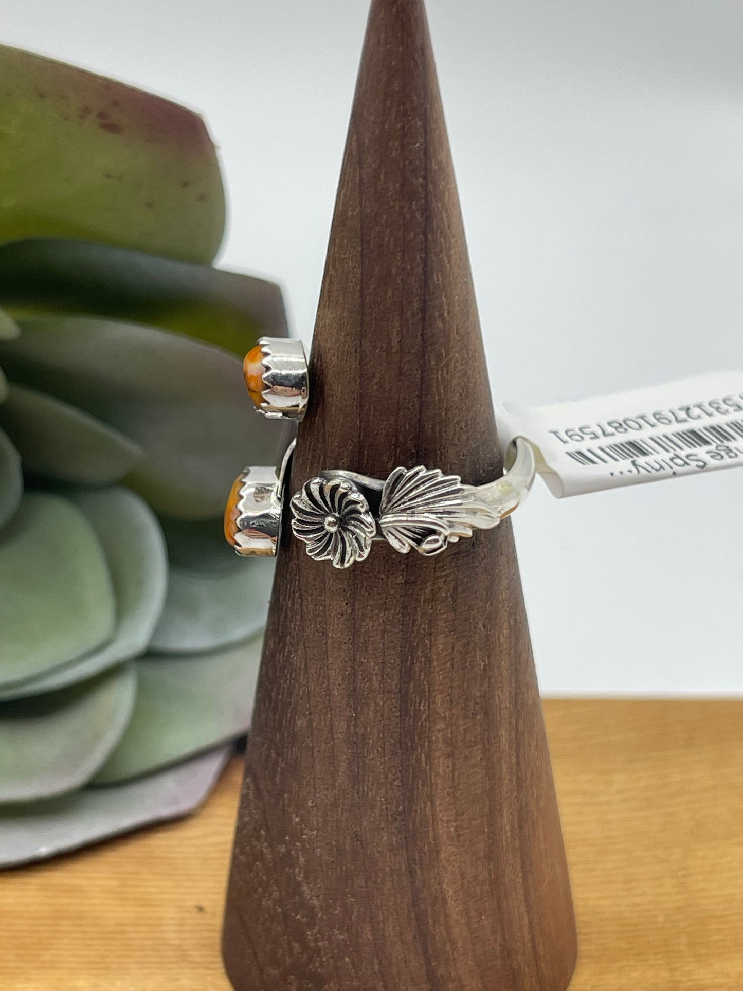 6.0 Semi Adjustable 2 Stone Orange Spiny Oyster Shell Ring by Robert Martinez, Navajo
