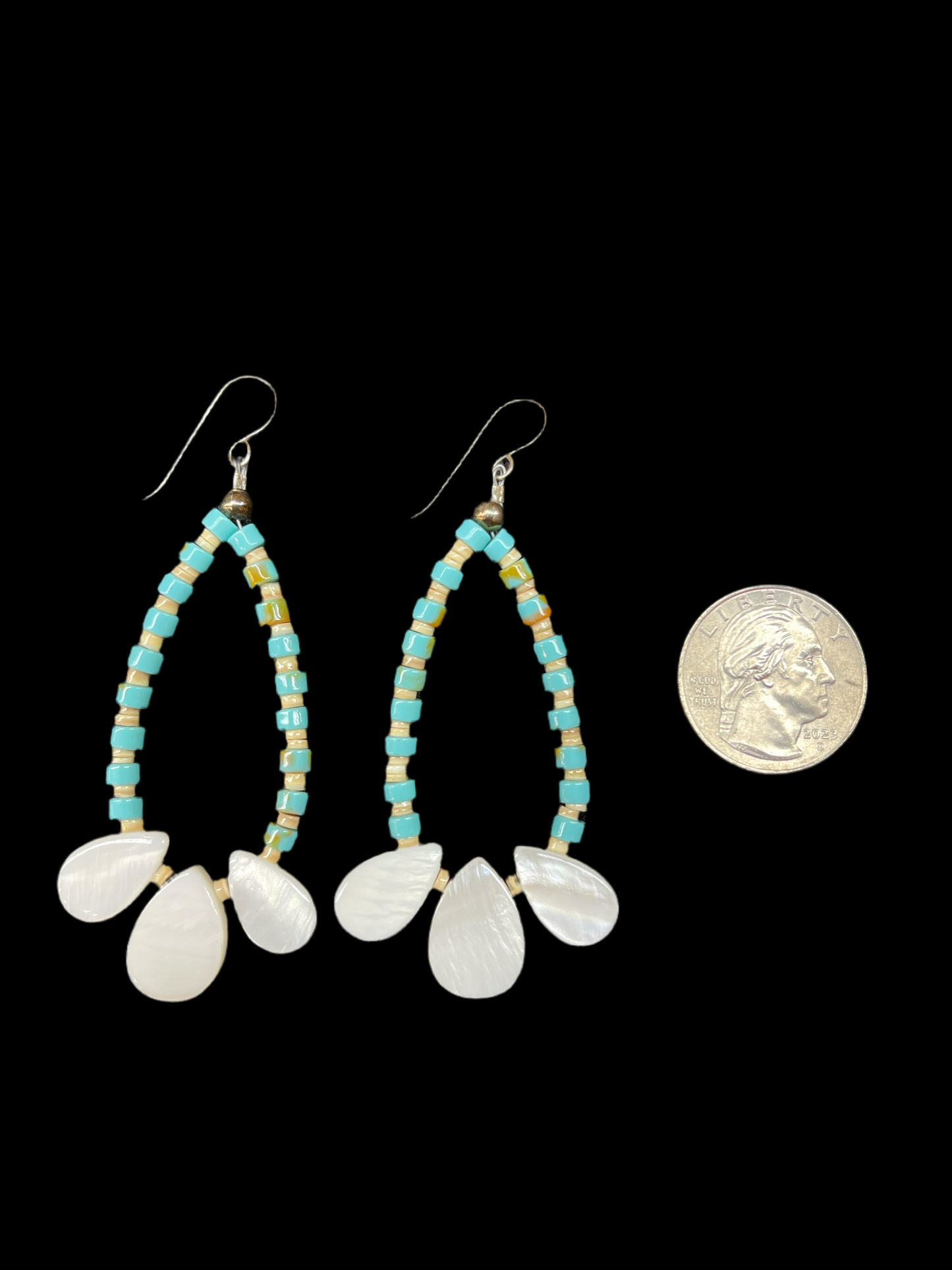 Turquoise Heishi Beads, Melon Shell Beads, and Mother of Pearl Slab Dangle Earrings