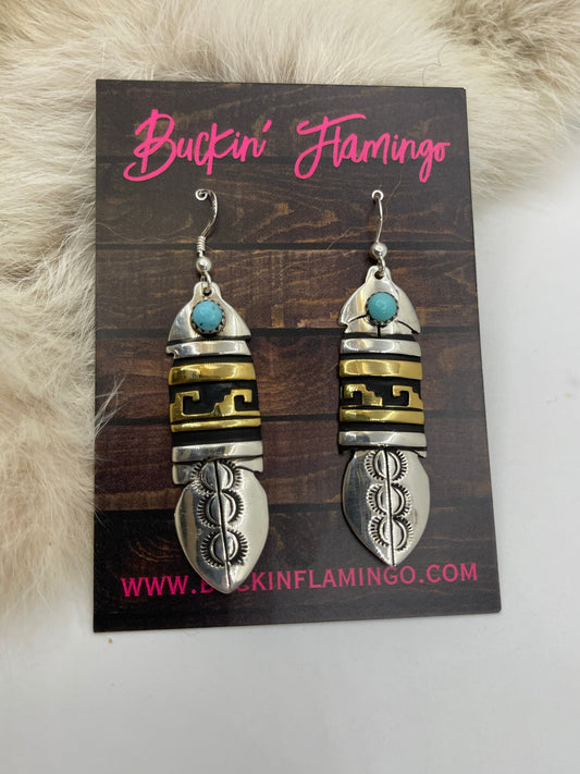 Silver And Brass Feather Earrings By Tommy And Rose Singer, Navajo