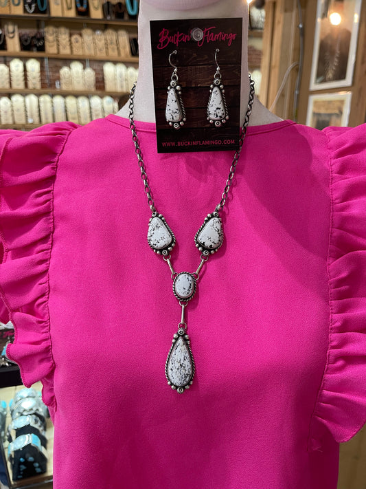 26" White Buffalo Lariat Necklace and Dangle Earrings Set by Anne Spencer, Navajo