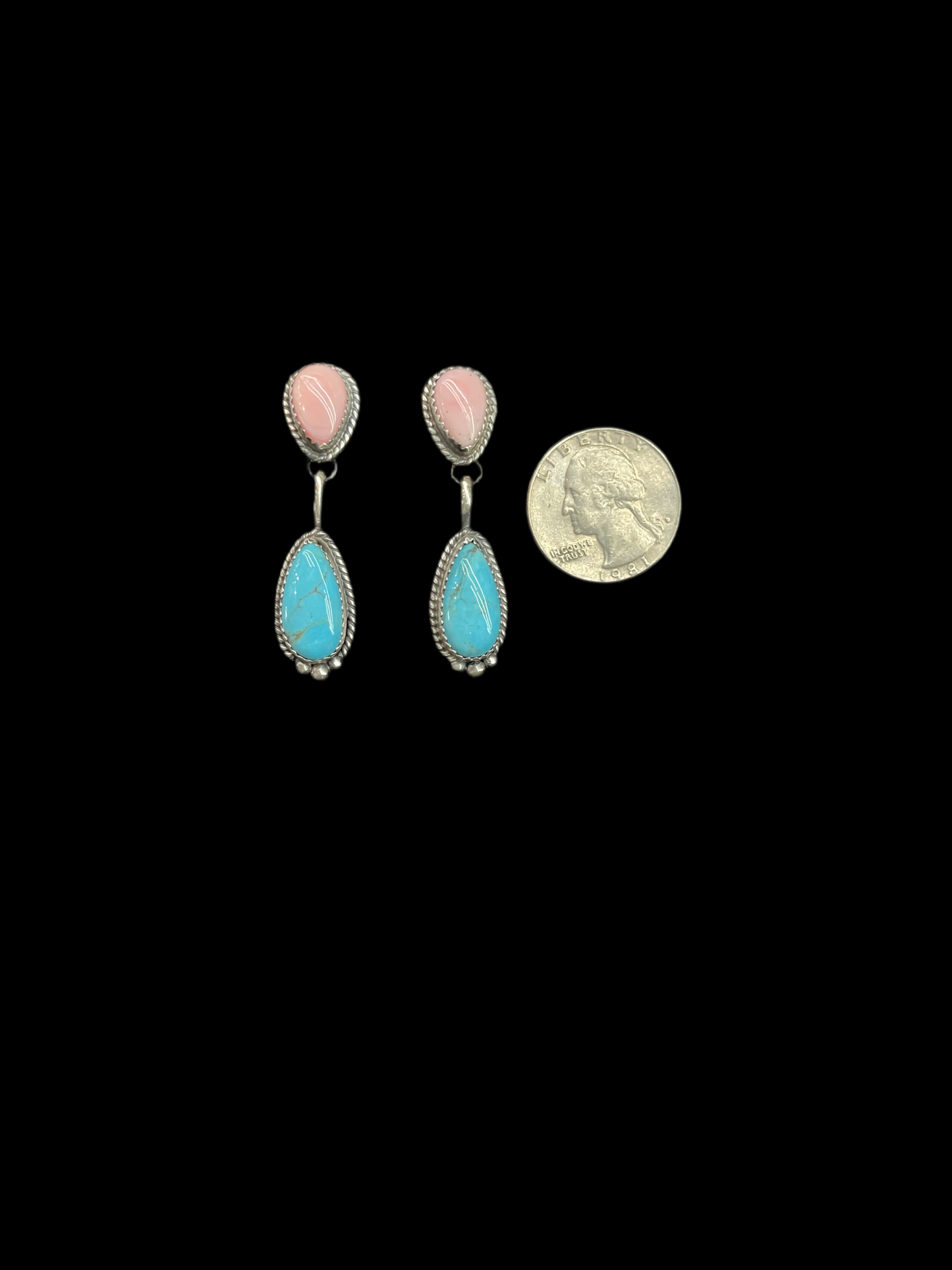 Pink Conch Shell and Turquoise Teardrop Post Dangle Earrings Freda Martinez, Navajo