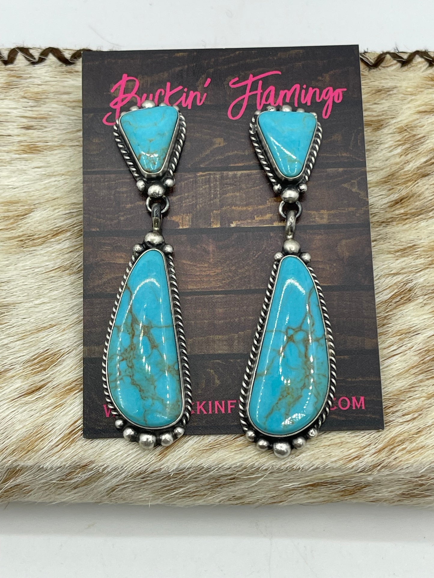 2 Stone Blue Kingman Turquoise Post Dangle Earrings by Elouise Kee, Navajo