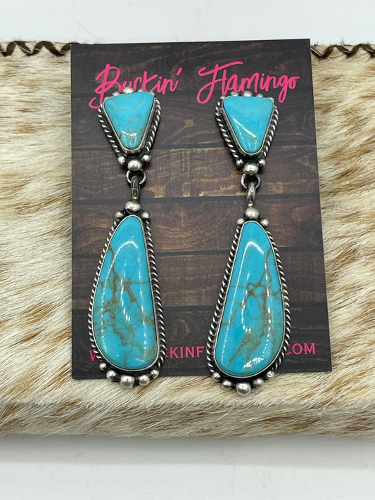 2 Stone Blue Kingman Turquoise Post Dangle Earrings by Elouise Kee, Navajo