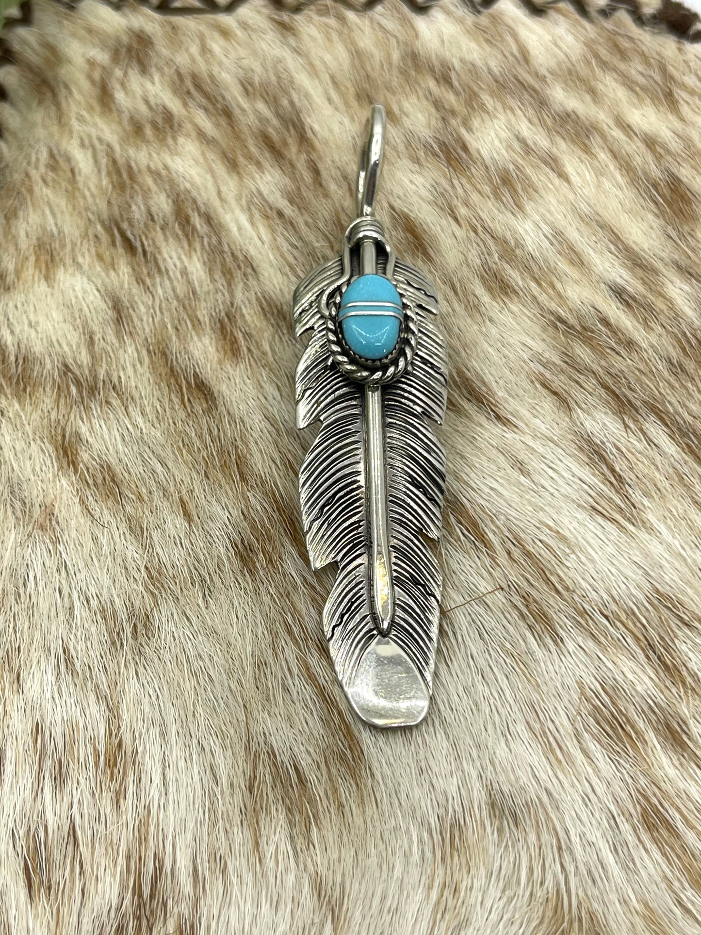 Feather Pendant with Inlay Turquoise Pendant by Charlene Yazzie, Navajo