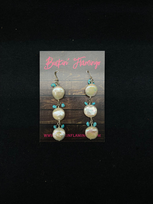 2 1/2" Lightweight Fresh Water Pearls and Sleeping Beauty Turquoise Dangle Earrings, Navajo