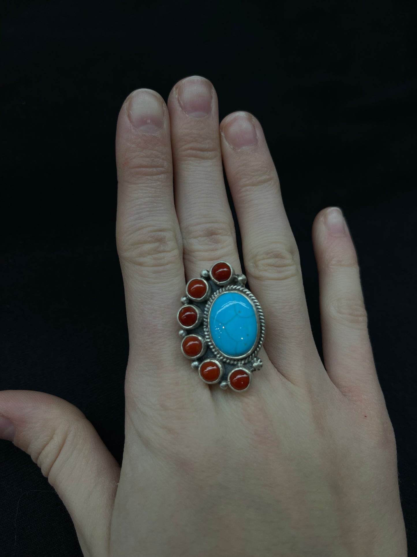 Adjustable Turquoise and Red Coral Half Cluster Ring by Zia