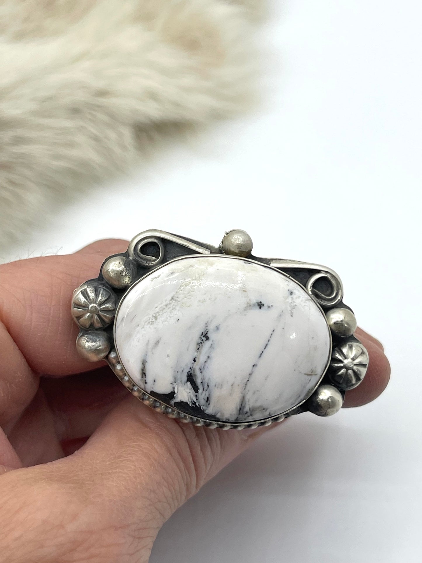 7.5 Oval White Buffalo Ring by Boyd Ashley, Navajo