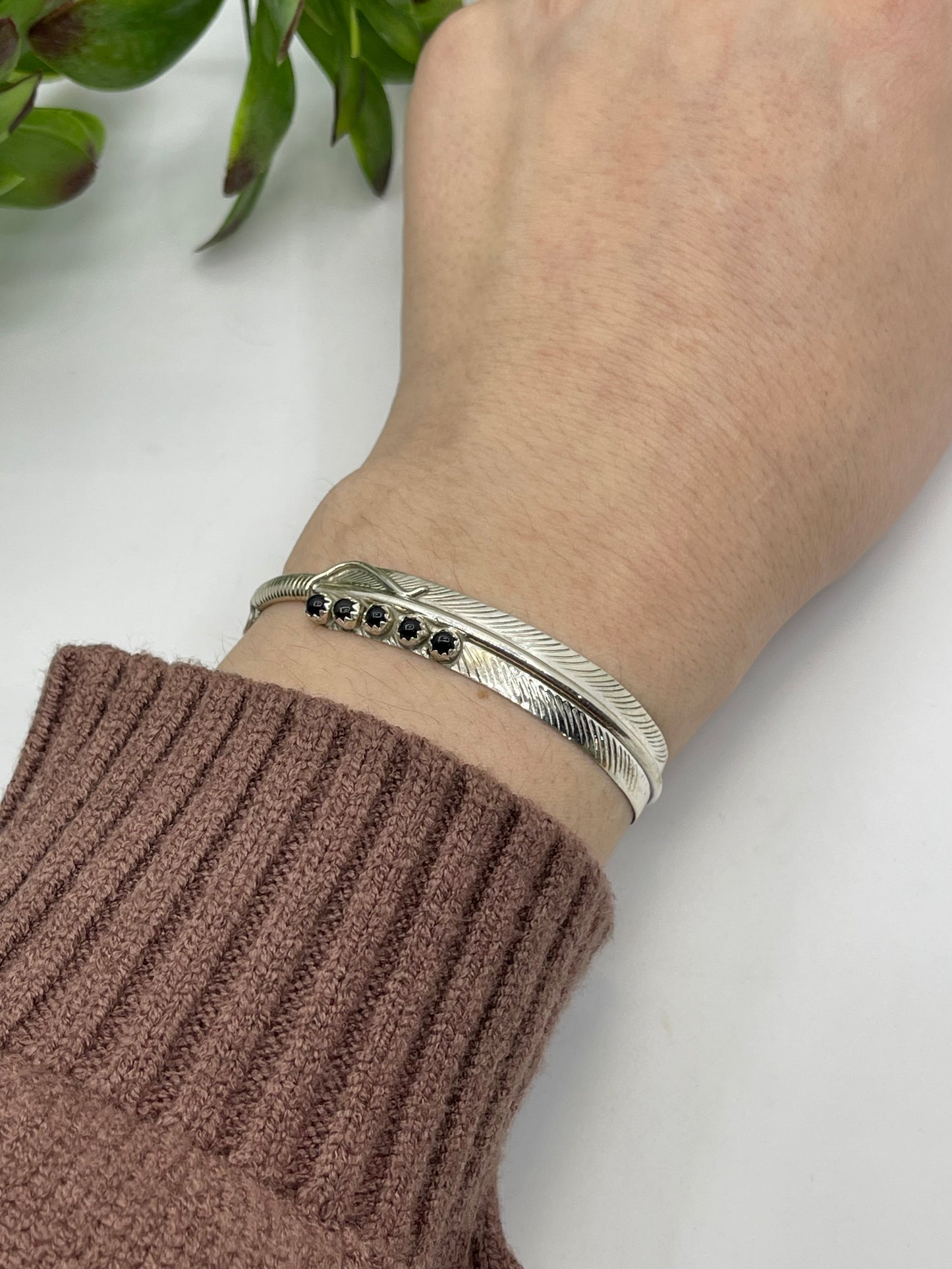 5.5" - 7" 5 Stone Black Onyx Feather Cuff by Aaron Davis, Navajo