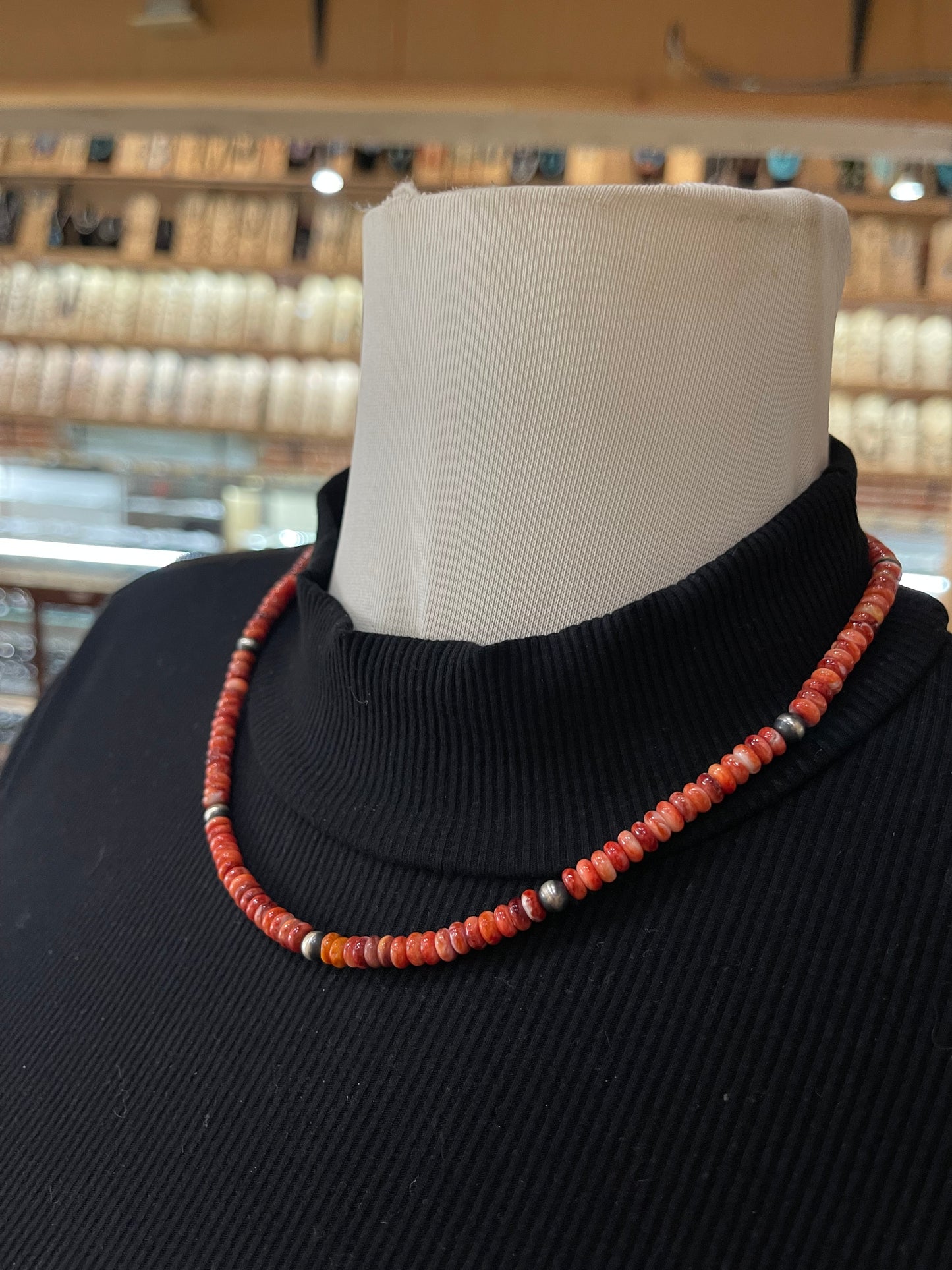 18" Red Spiny Oyster Shell and Navajo Pearls Necklace