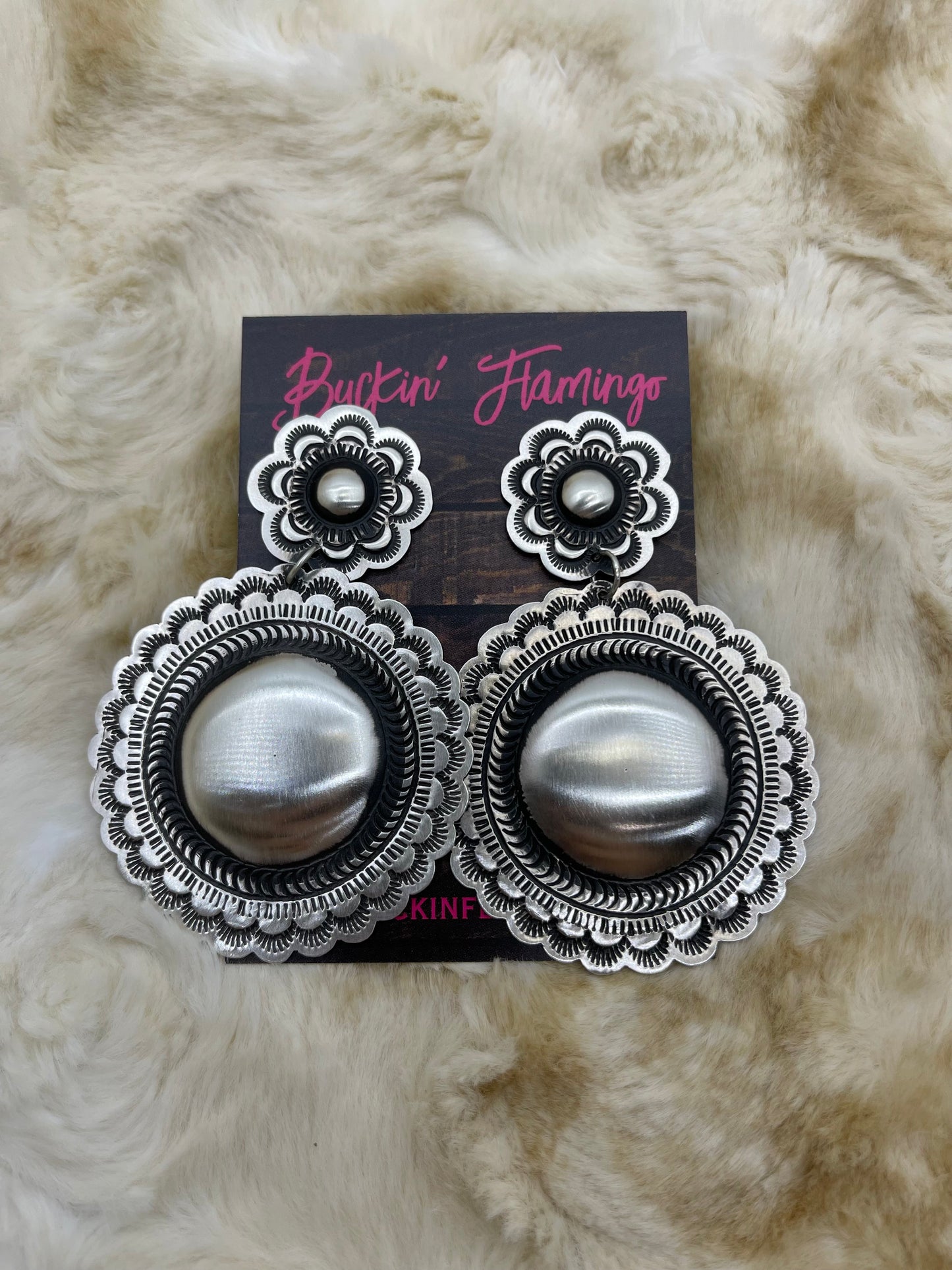 Amazing Stamped Double Concho Earrings by Leander Tahe, Navajo