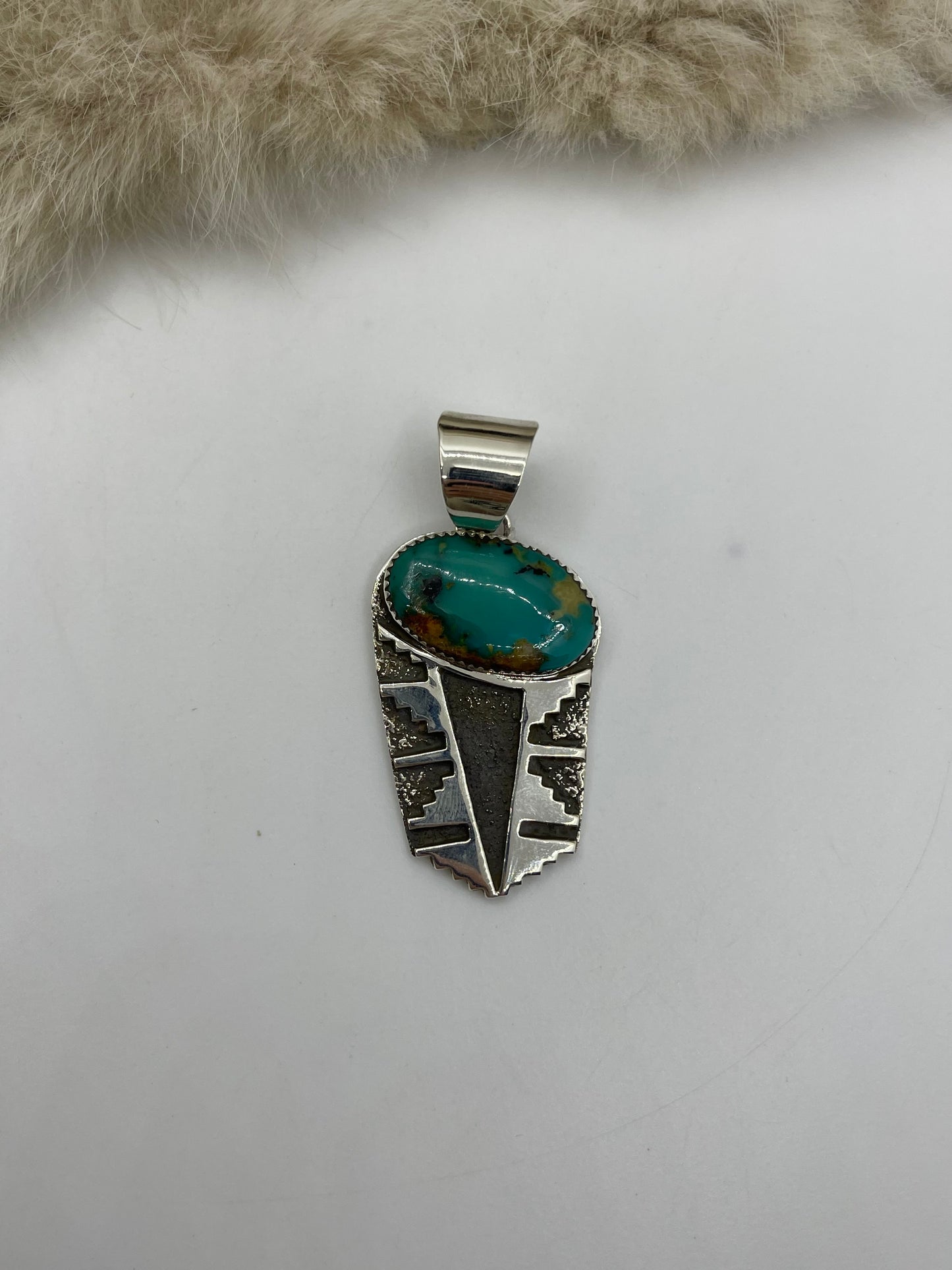 11.5mm Bale Silver Overlay Rug Design with Royston Turquoise Pendant by Marie Jackson, Navajo