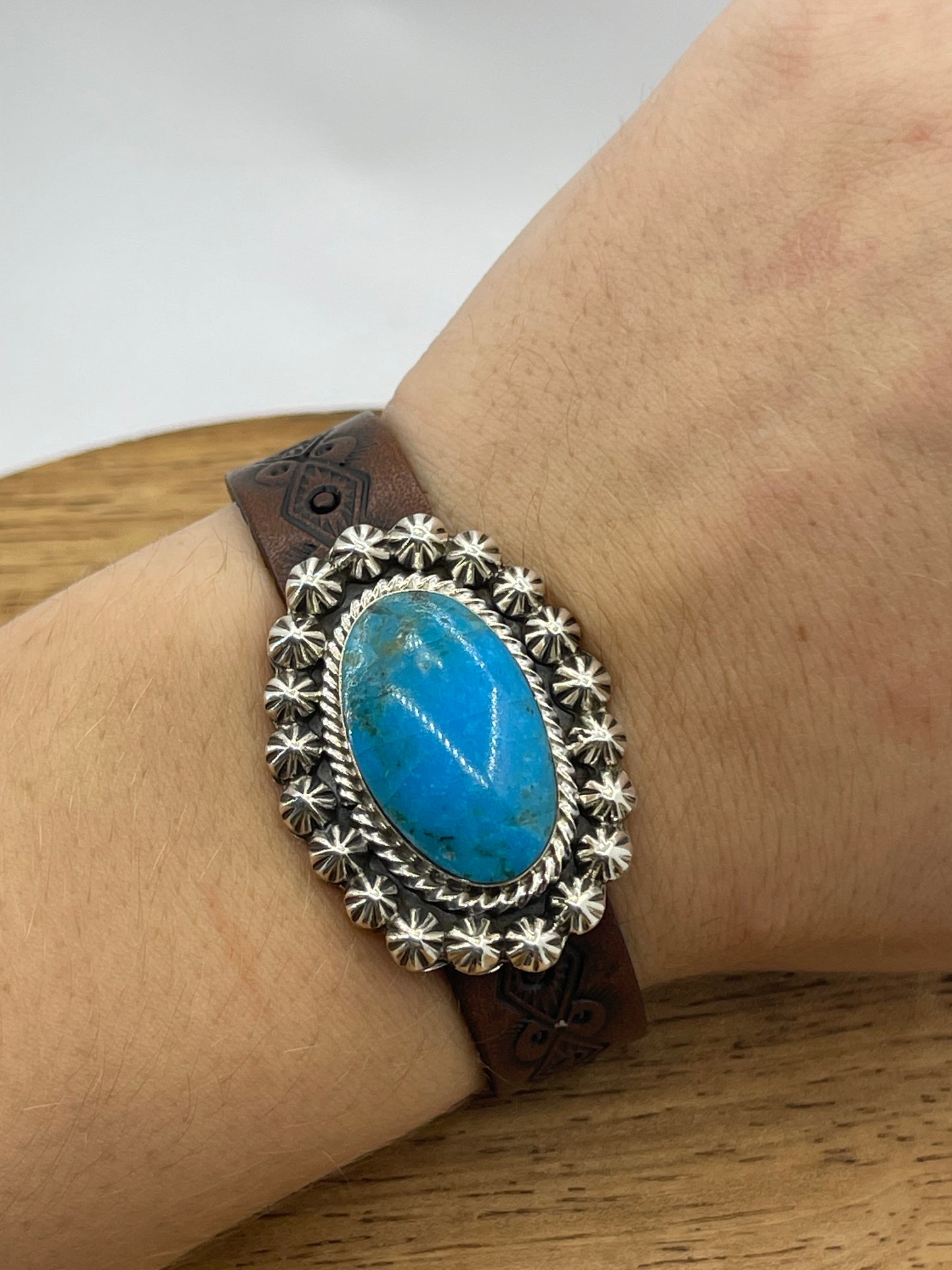 Kingman Turquoise On Stamped Leather by Suzanna Johnson, Navajo