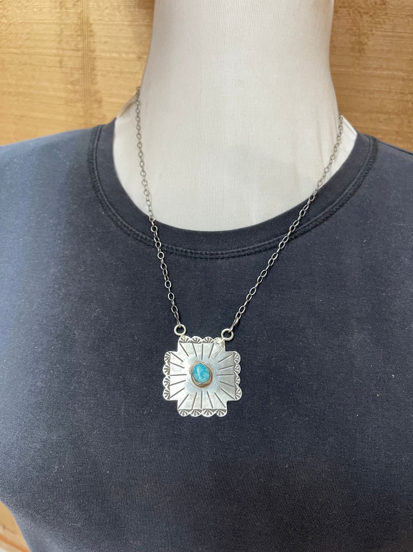 Stamped Concho with Kingman Turquoise Necklace by Rick Enriquez, Navajo