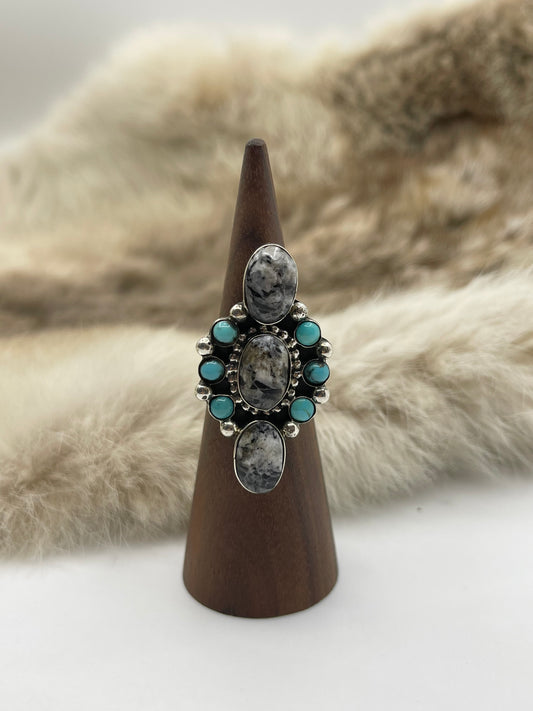 7.0 White Buffalo & Sleeping Beauty Turquoise Ring by David Lopez, Navajo